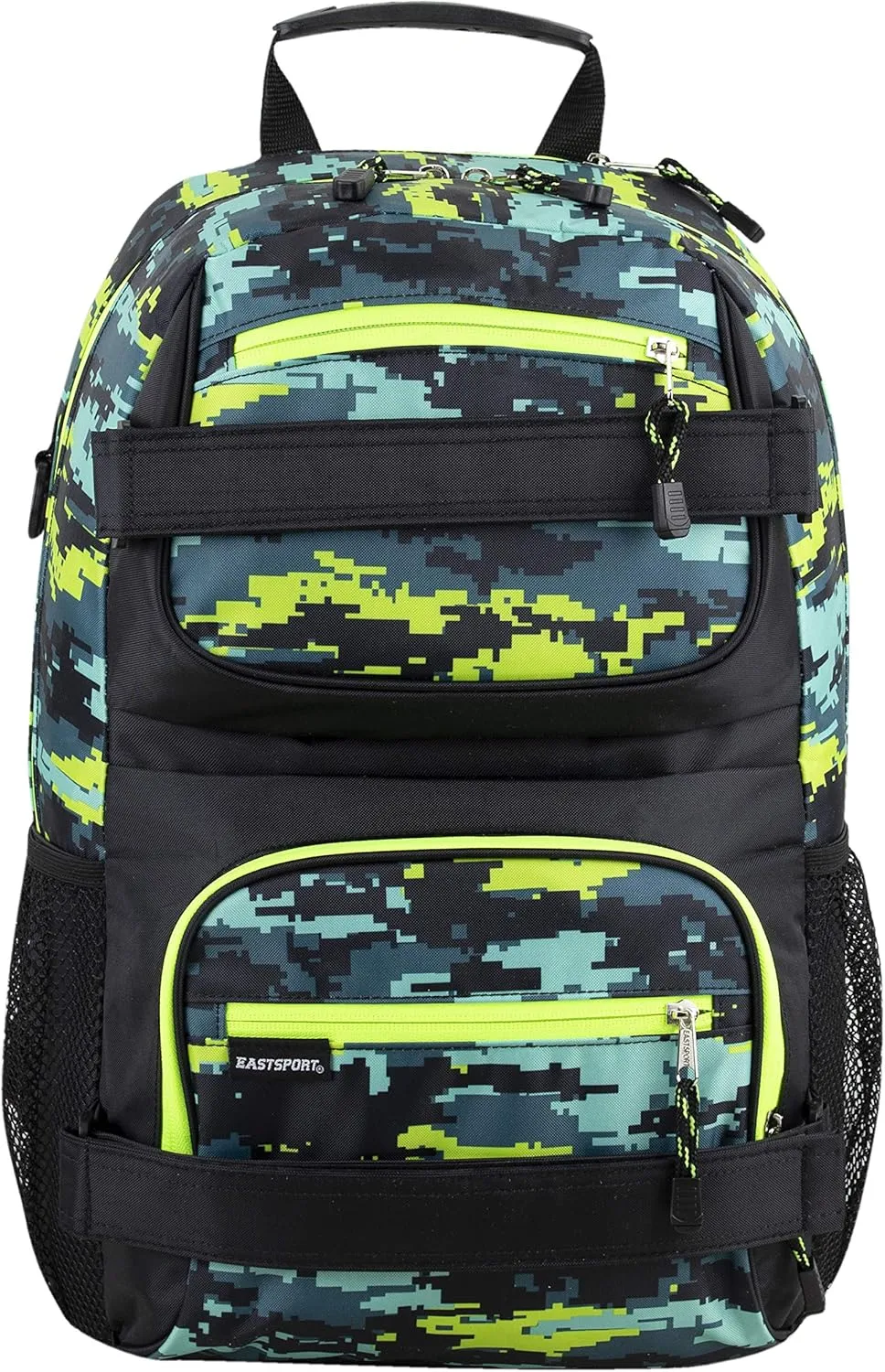 Eastsport Travel Skateboard Backpack Double Strap Laptop Bag Multi-Sport Design for Men and Women, Neon Yellow Blue Static Camo Black