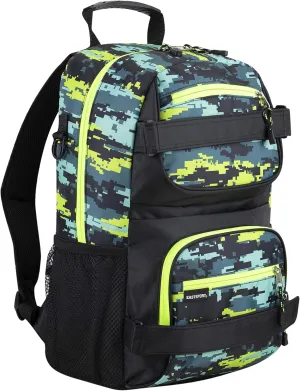 Eastsport Travel Skateboard Backpack Double Strap Laptop Bag Multi-Sport Design for Men and Women, Neon Yellow Blue Static Camo Black