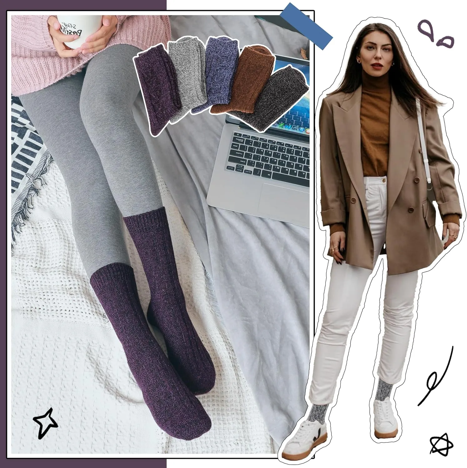 EBMORE 5 Pairs Merino Wool Socks for Women Thermal Warm Thick Winter Hiking Knit Cozy Crew Duty Work Soft Socks for Ladies