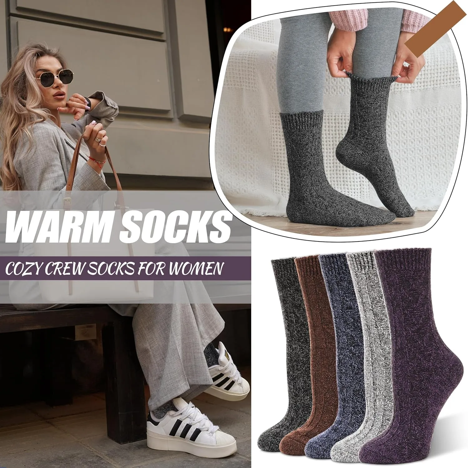 EBMORE 5 Pairs Merino Wool Socks for Women Thermal Warm Thick Winter Hiking Knit Cozy Crew Duty Work Soft Socks for Ladies