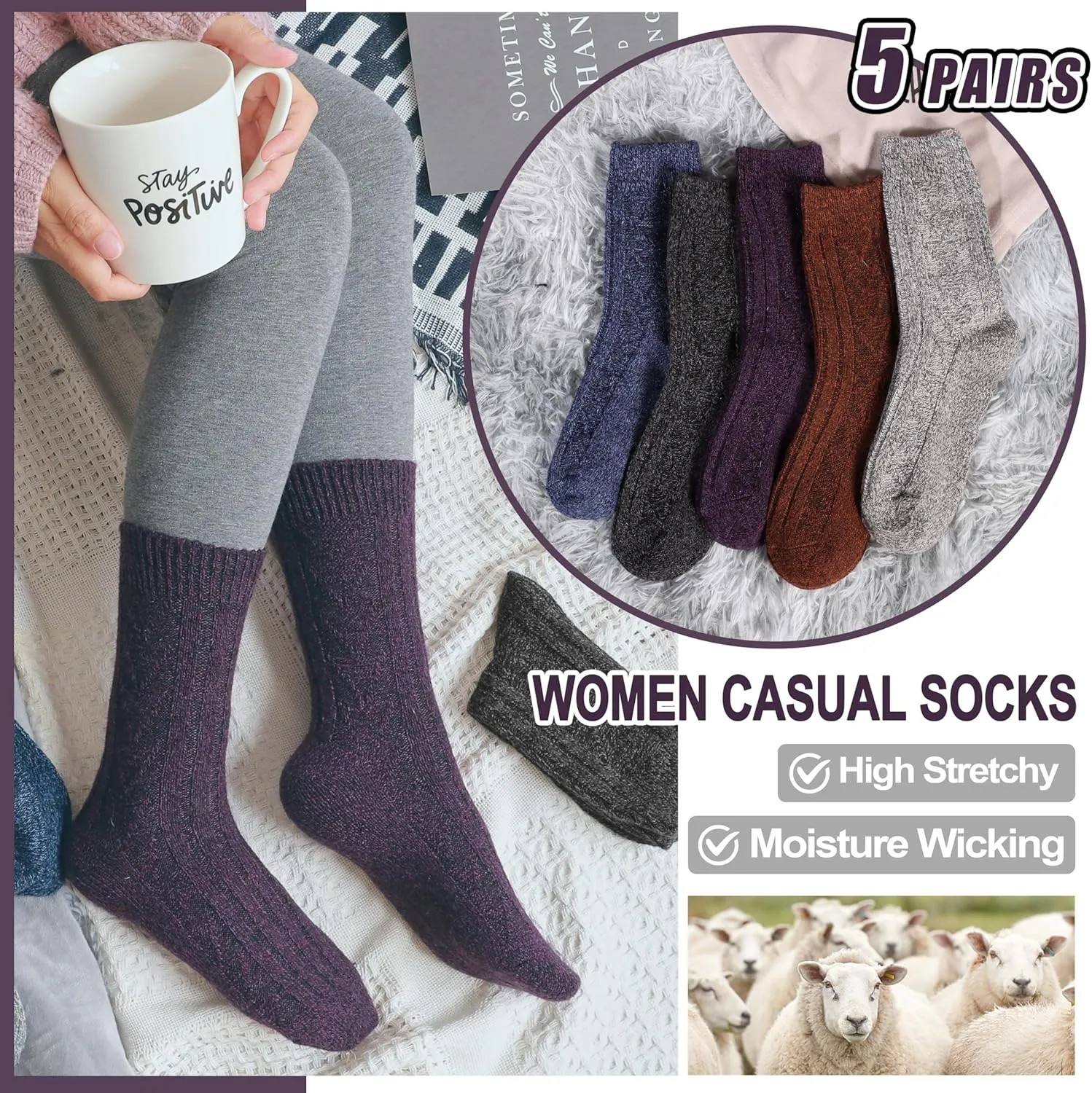 EBMORE 5 Pairs Merino Wool Socks for Women Thermal Warm Thick Winter Hiking Knit Cozy Crew Duty Work Soft Socks for Ladies