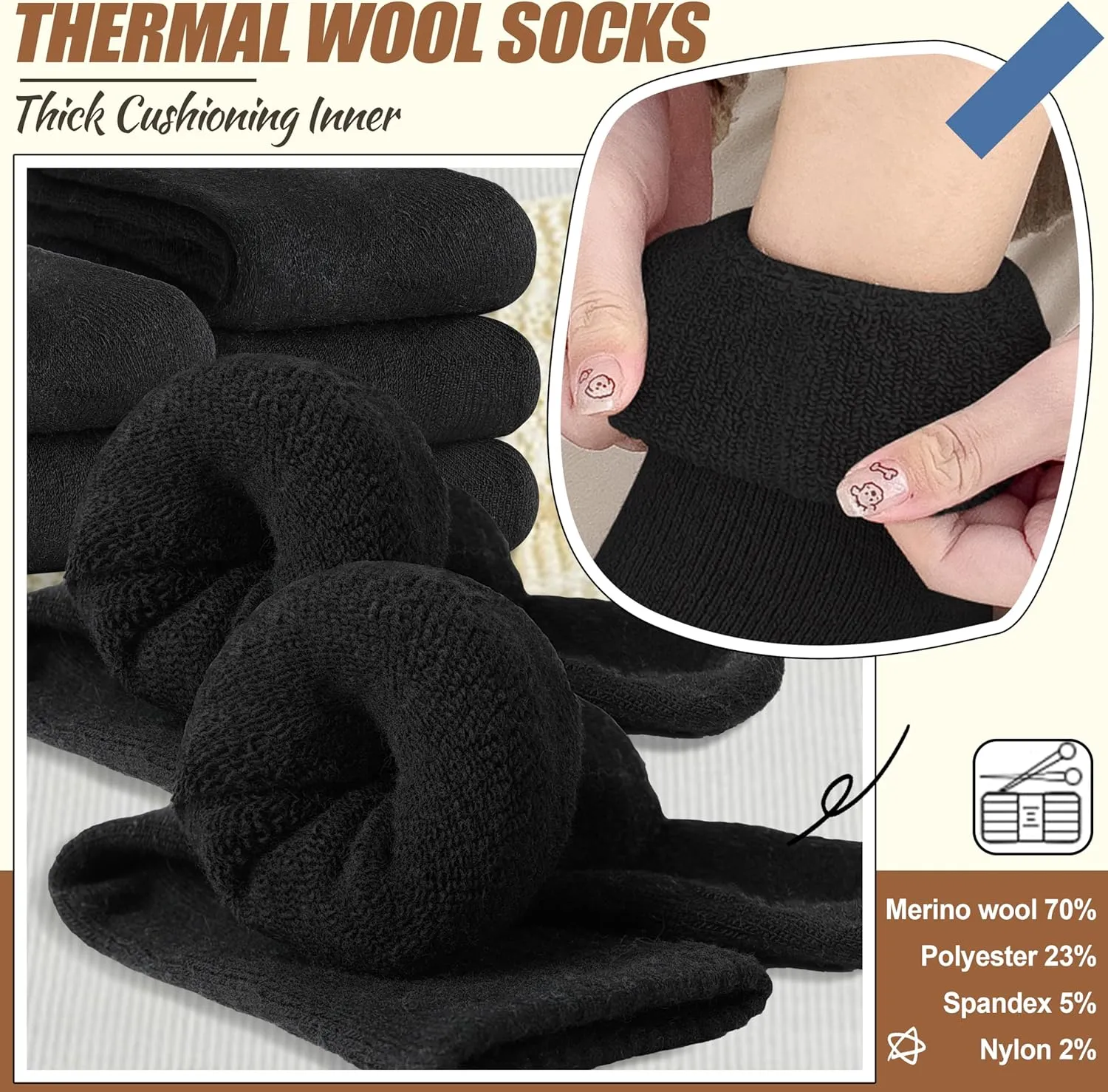 EBMORE 5 Pairs Women Merino Wool Socks Thermal Hiking Winter Warm Thick Cozy Cabin Crew Comfy Socks for Ladies