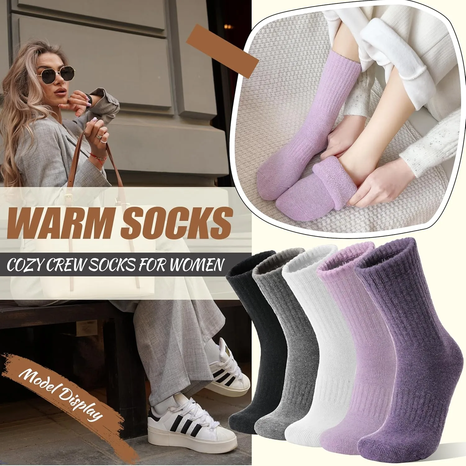 EBMORE 5 Pairs Women Merino Wool Socks Thermal Hiking Winter Warm Thick Cozy Cabin Crew Comfy Socks for Ladies