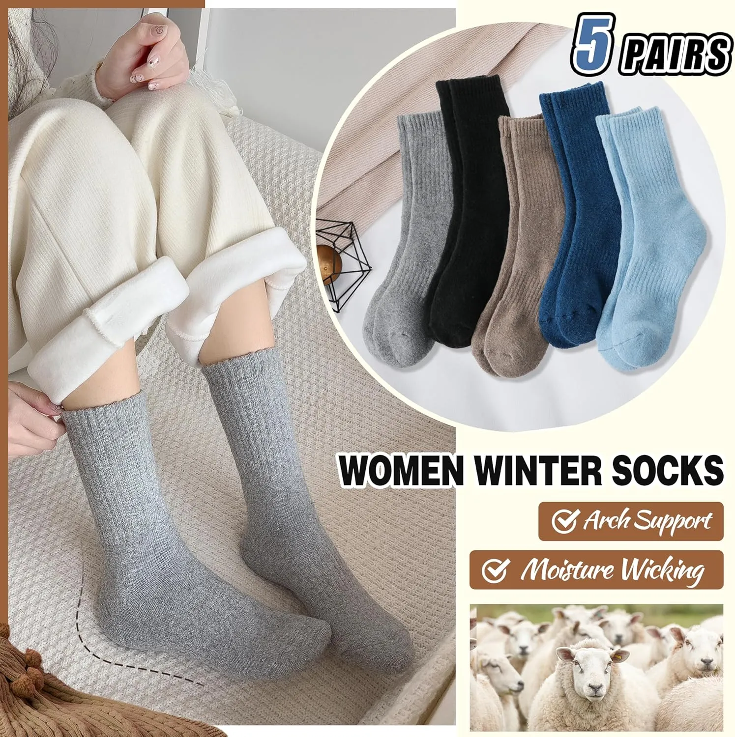 EBMORE 5 Pairs Women Merino Wool Socks Thermal Hiking Winter Warm Thick Cozy Cabin Crew Comfy Socks for Ladies