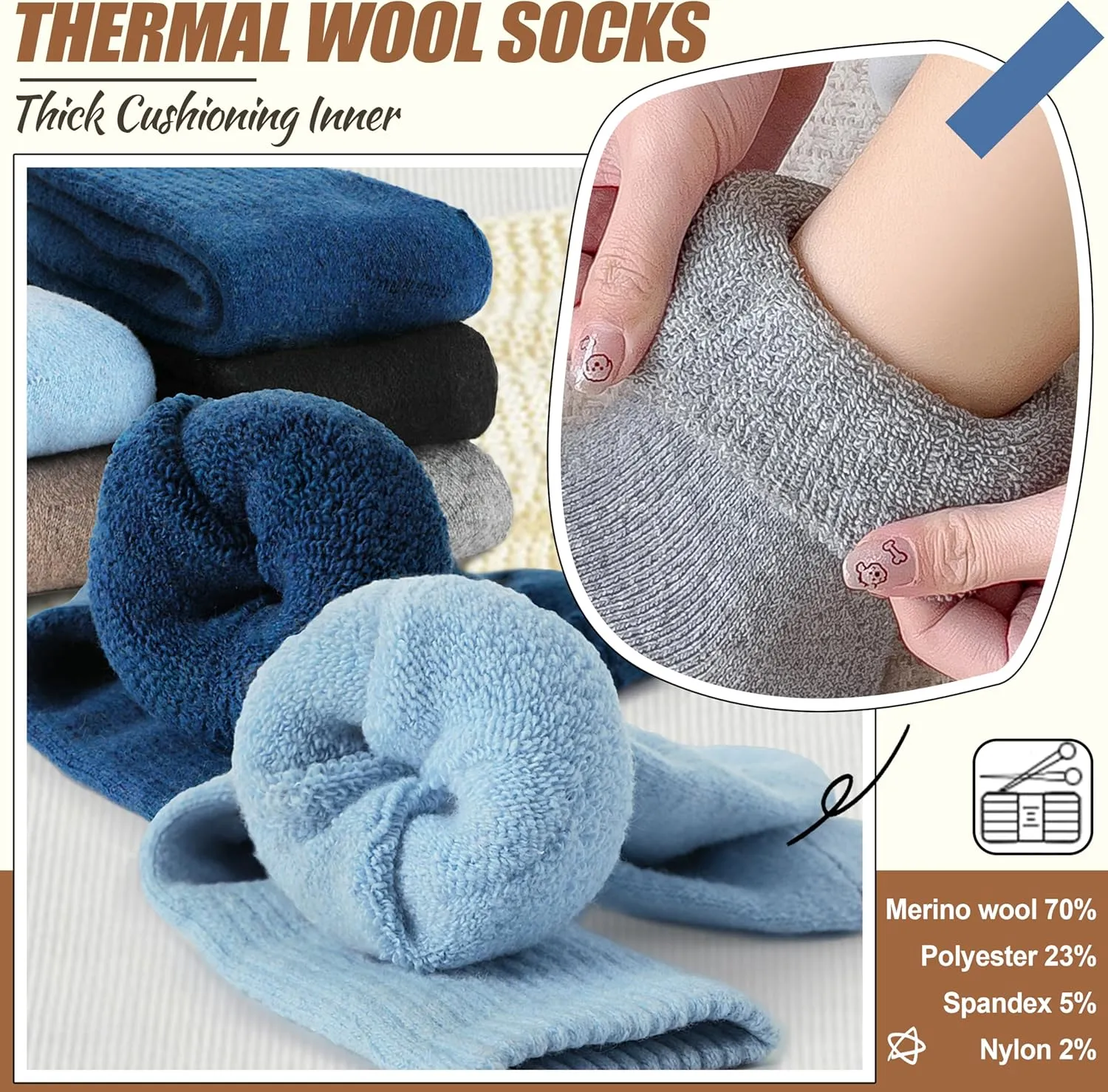 EBMORE 5 Pairs Women Merino Wool Socks Thermal Hiking Winter Warm Thick Cozy Cabin Crew Comfy Socks for Ladies