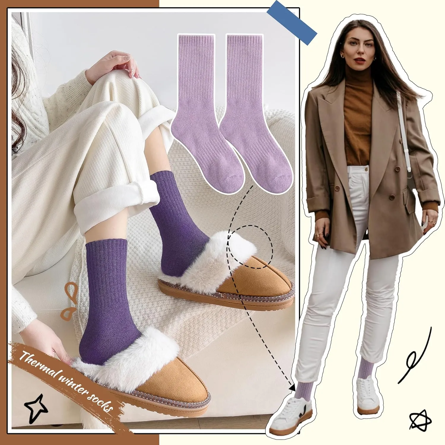 EBMORE 5 Pairs Women Merino Wool Socks Thermal Hiking Winter Warm Thick Cozy Cabin Crew Comfy Socks for Ladies