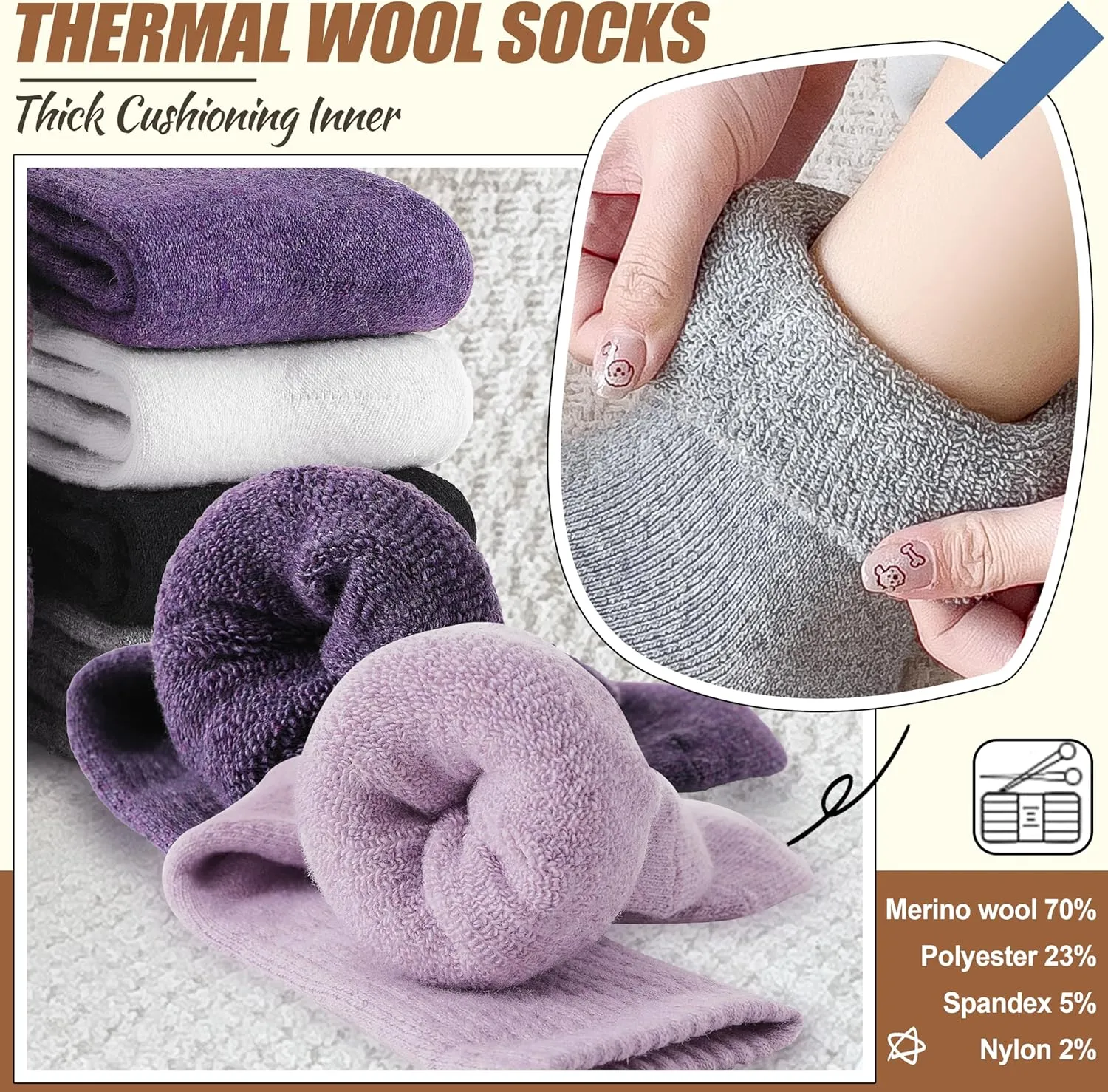 EBMORE 5 Pairs Women Merino Wool Socks Thermal Hiking Winter Warm Thick Cozy Cabin Crew Comfy Socks for Ladies