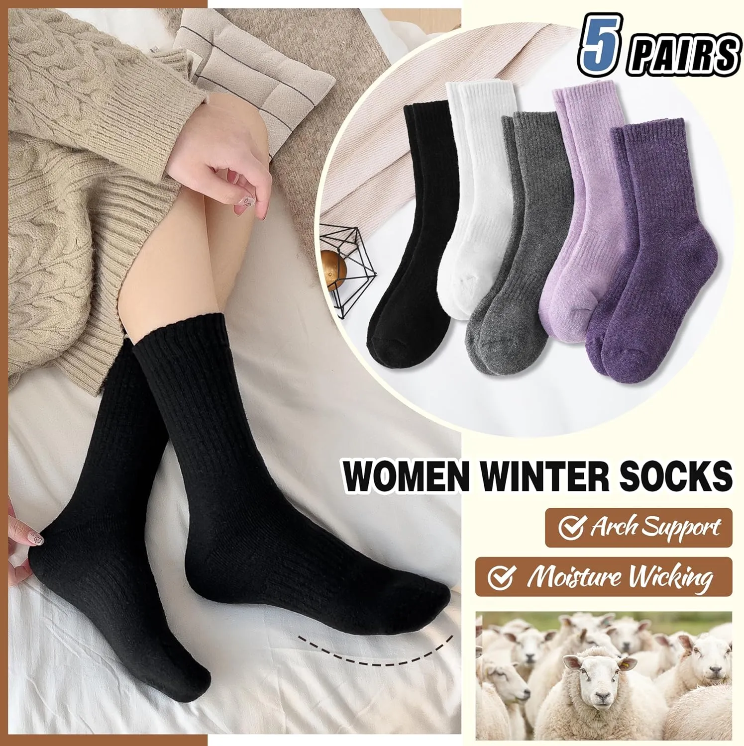 EBMORE 5 Pairs Women Merino Wool Socks Thermal Hiking Winter Warm Thick Cozy Cabin Crew Comfy Socks for Ladies