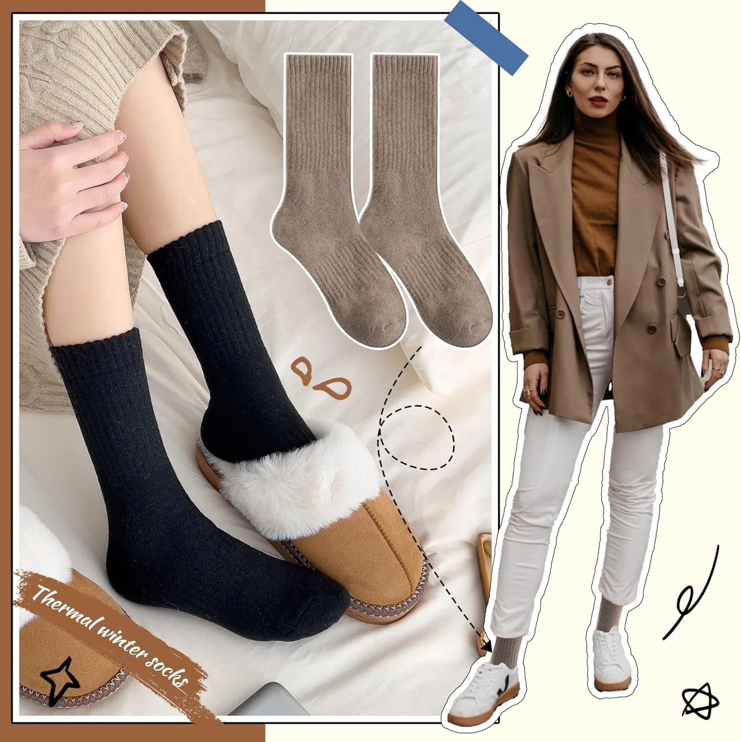 EBMORE 5 Pairs Women Merino Wool Socks Thermal Hiking Winter Warm Thick Cozy Cabin Crew Comfy Socks for Ladies