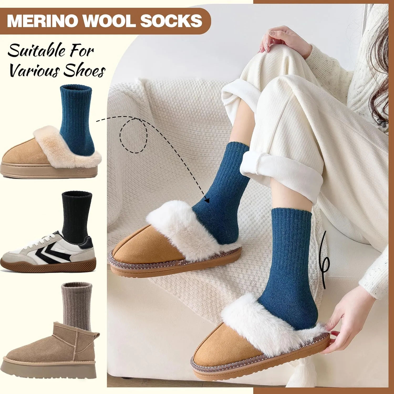 EBMORE 5 Pairs Women Merino Wool Socks Thermal Hiking Winter Warm Thick Cozy Cabin Crew Comfy Socks for Ladies