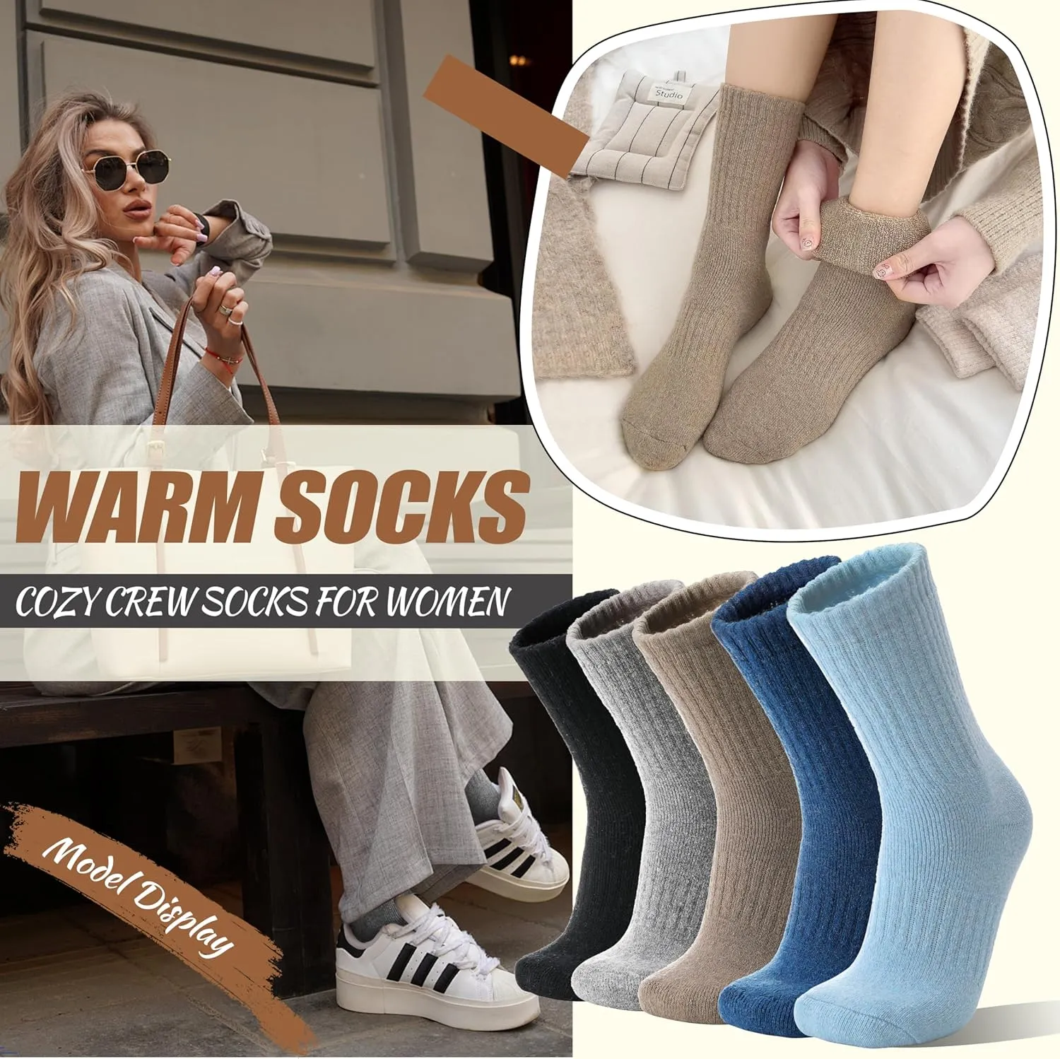 EBMORE 5 Pairs Women Merino Wool Socks Thermal Hiking Winter Warm Thick Cozy Cabin Crew Comfy Socks for Ladies