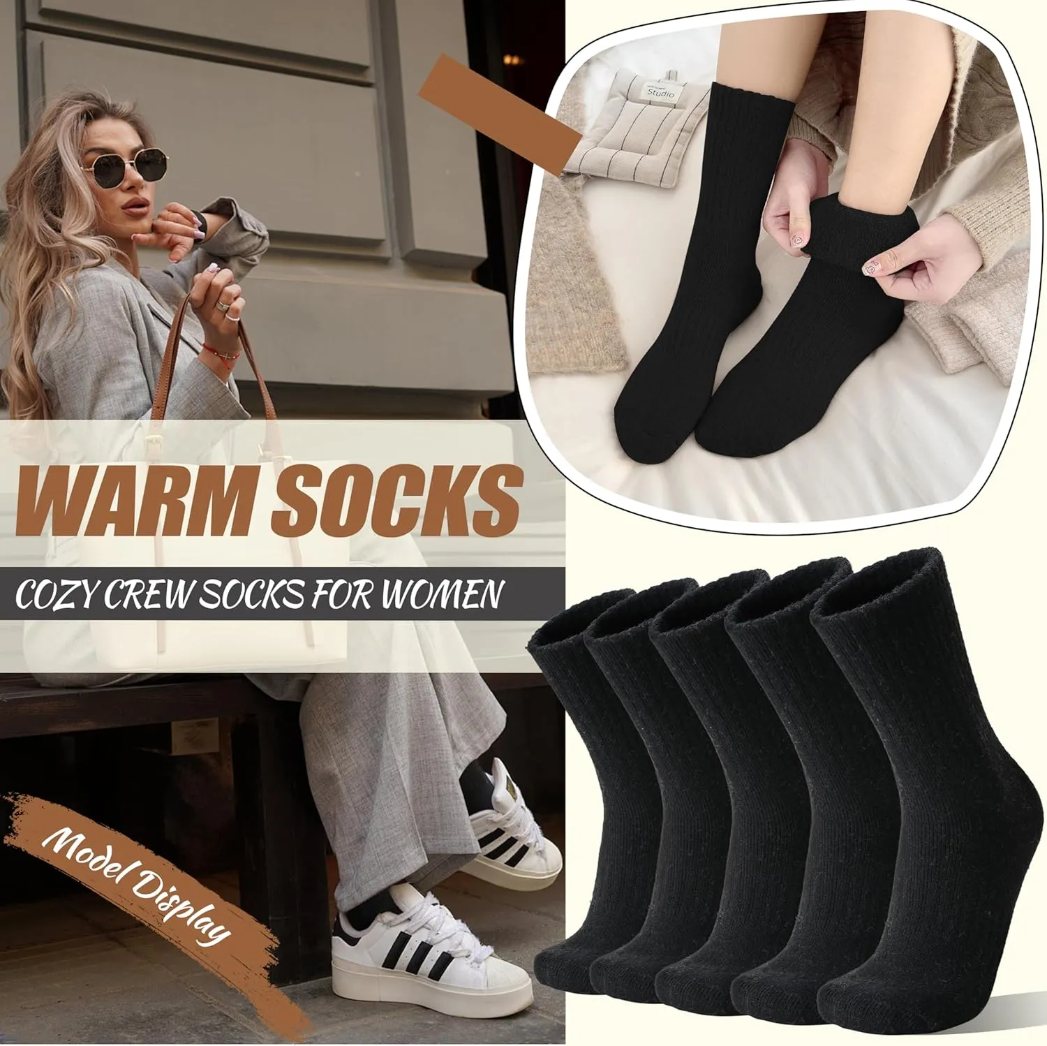 EBMORE 5 Pairs Women Merino Wool Socks Thermal Hiking Winter Warm Thick Cozy Cabin Crew Comfy Socks for Ladies