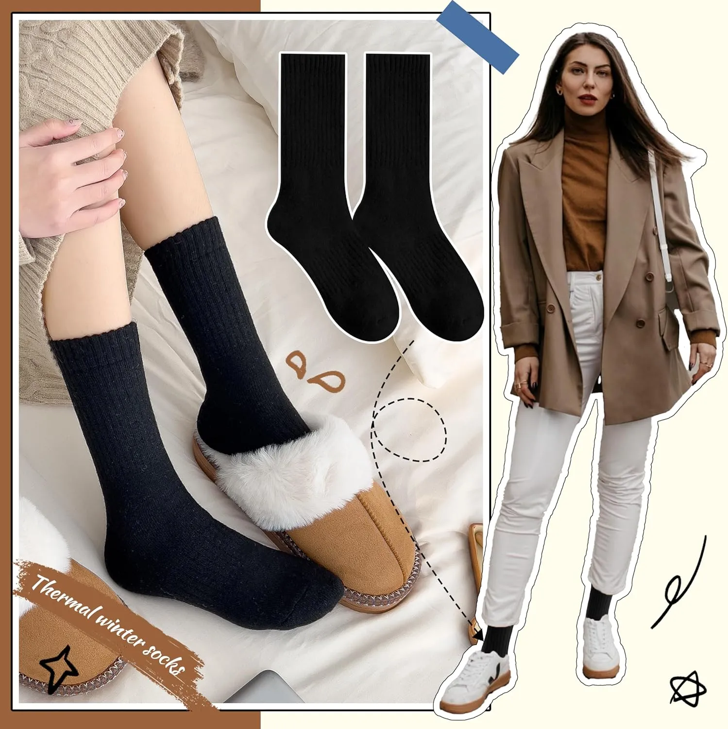 EBMORE 5 Pairs Women Merino Wool Socks Thermal Hiking Winter Warm Thick Cozy Cabin Crew Comfy Socks for Ladies