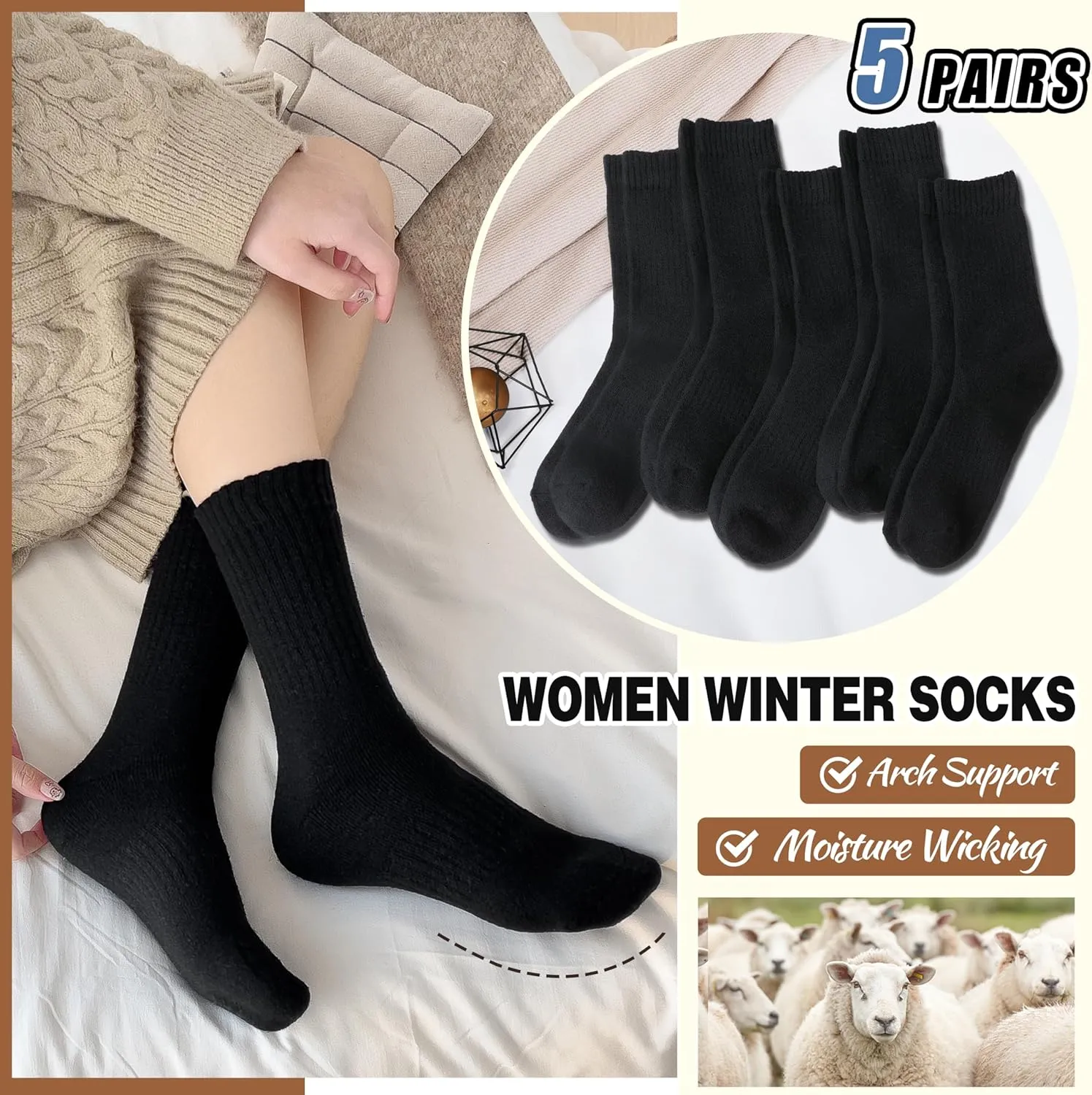 EBMORE 5 Pairs Women Merino Wool Socks Thermal Hiking Winter Warm Thick Cozy Cabin Crew Comfy Socks for Ladies