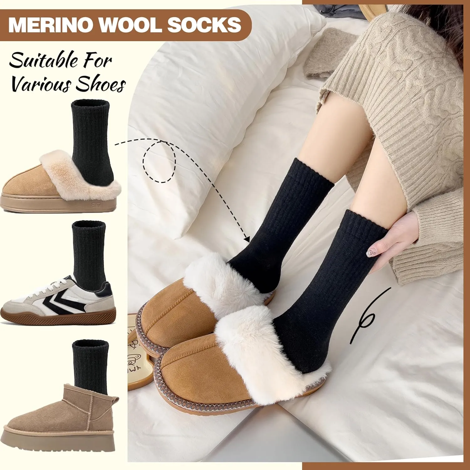 EBMORE 5 Pairs Women Merino Wool Socks Thermal Hiking Winter Warm Thick Cozy Cabin Crew Comfy Socks for Ladies