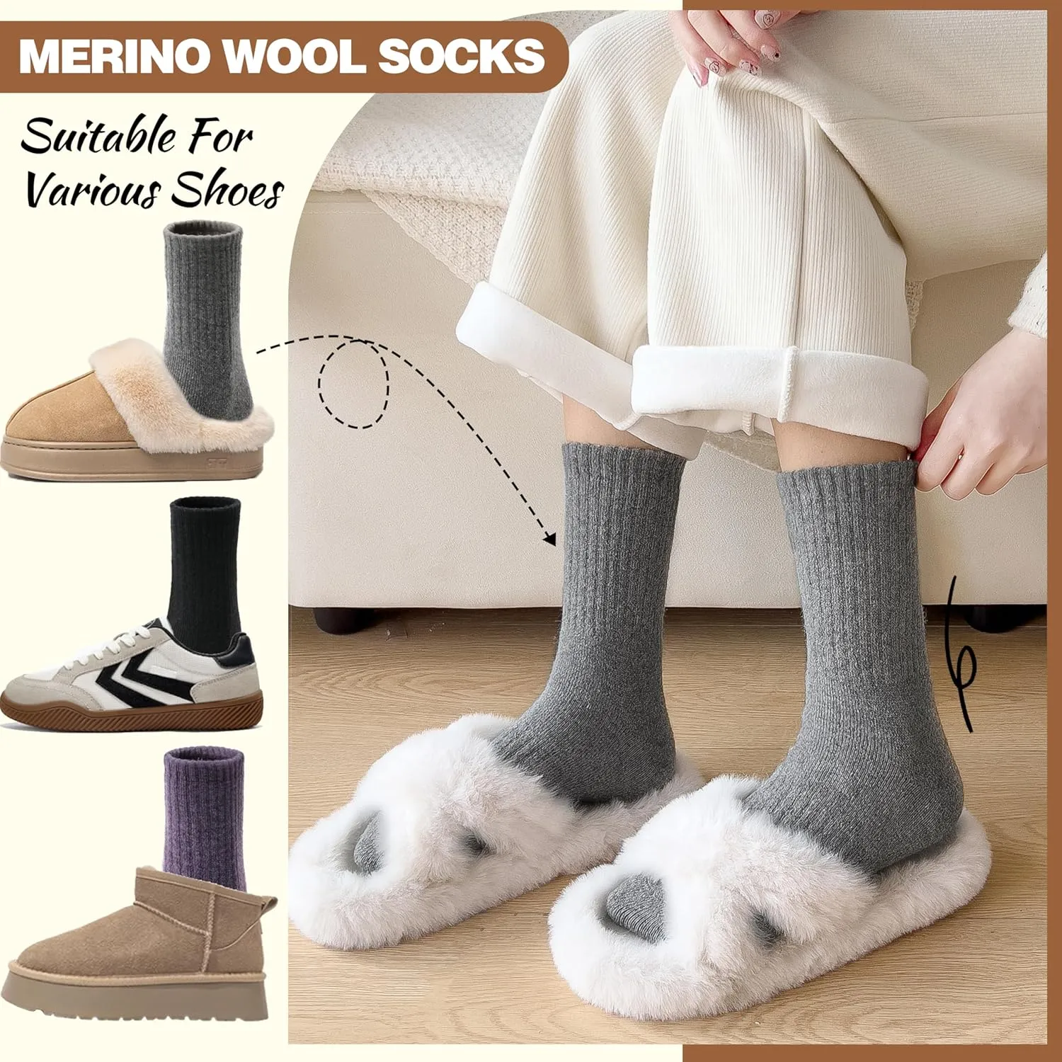 EBMORE 5 Pairs Women Merino Wool Socks Thermal Hiking Winter Warm Thick Cozy Cabin Crew Comfy Socks for Ladies