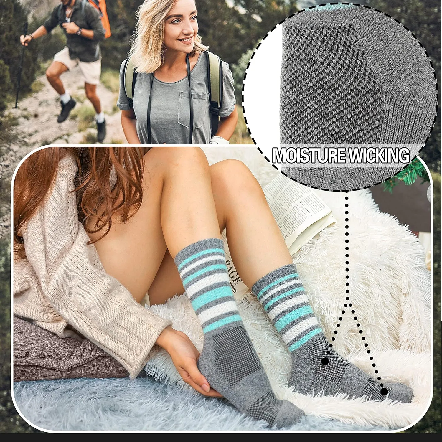EBMORE 5 Pairs Womens Merino Wool Hiking Socks Thermal Warm Winter Boot Crew Cushion Work Gift Socks