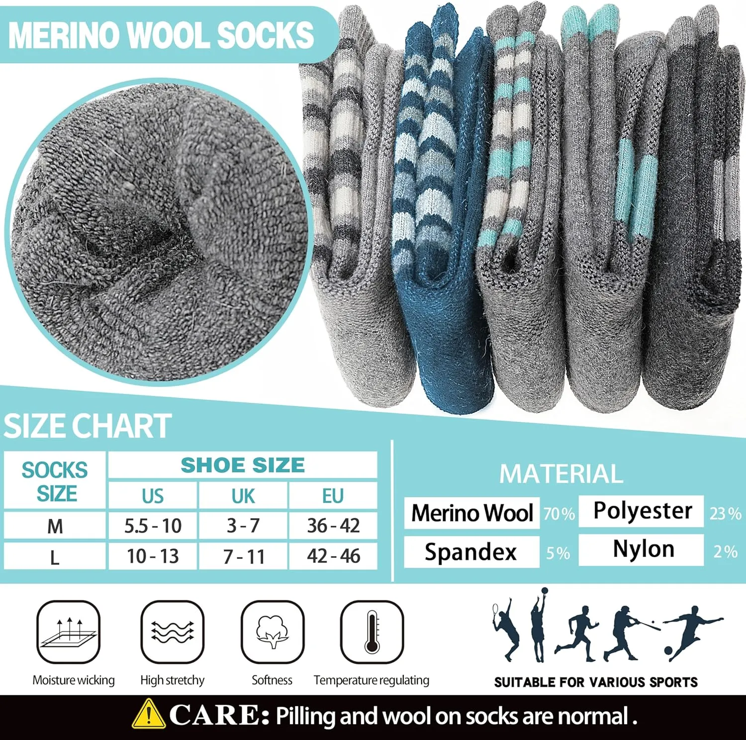 EBMORE 5 Pairs Womens Merino Wool Hiking Socks Thermal Warm Winter Boot Crew Cushion Work Gift Socks