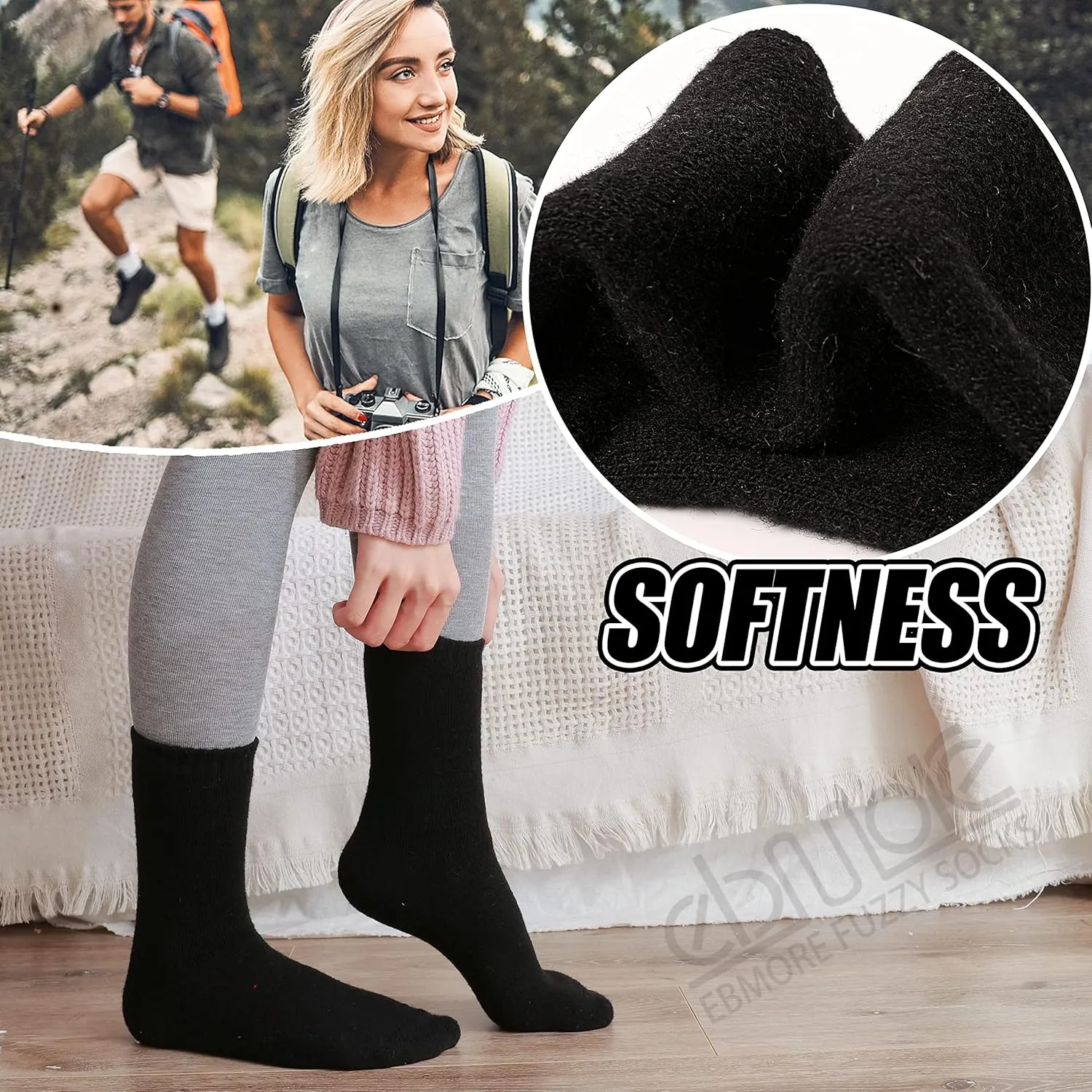 EBMORE 5 Pairs Womens Merino Wool Thermal Socks Winter Thick Warm Hiking Cozy Crew Comfy Boot Socks