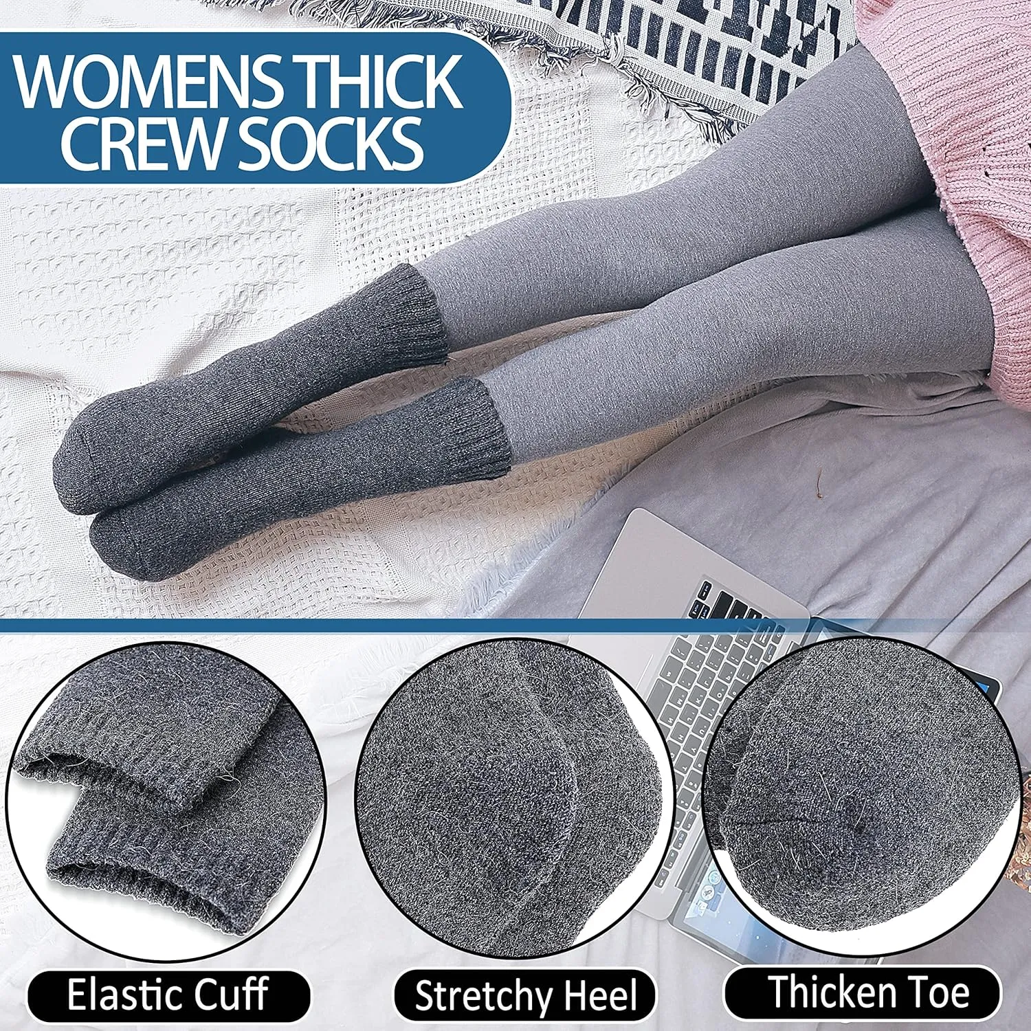 EBMORE 5 Pairs Womens Merino Wool Thermal Socks Winter Thick Warm Hiking Cozy Crew Comfy Boot Socks