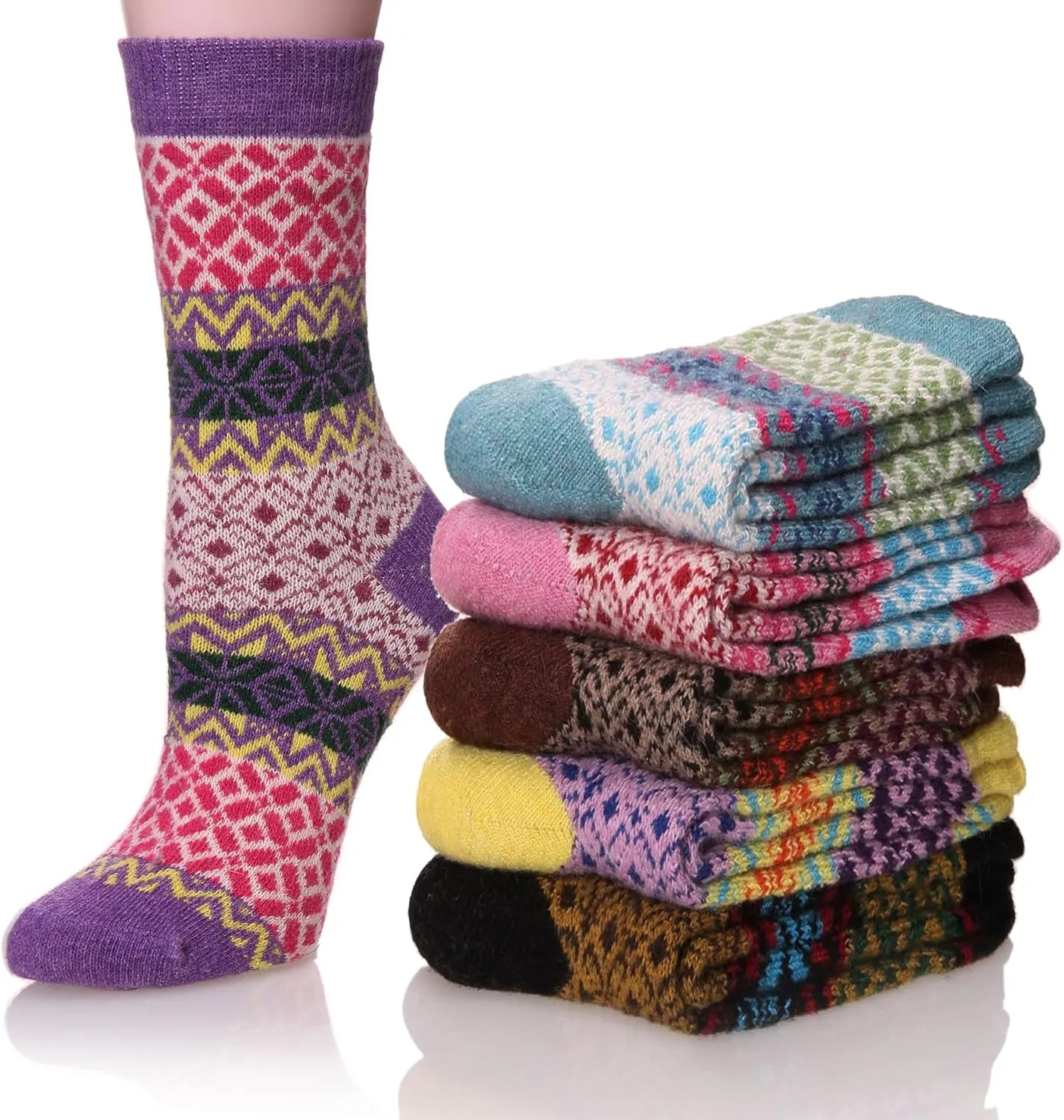 EBMORE 5 Pairs Womens Merino Wool Thermal Socks Winter Thick Warm Hiking Cozy Crew Comfy Boot Socks