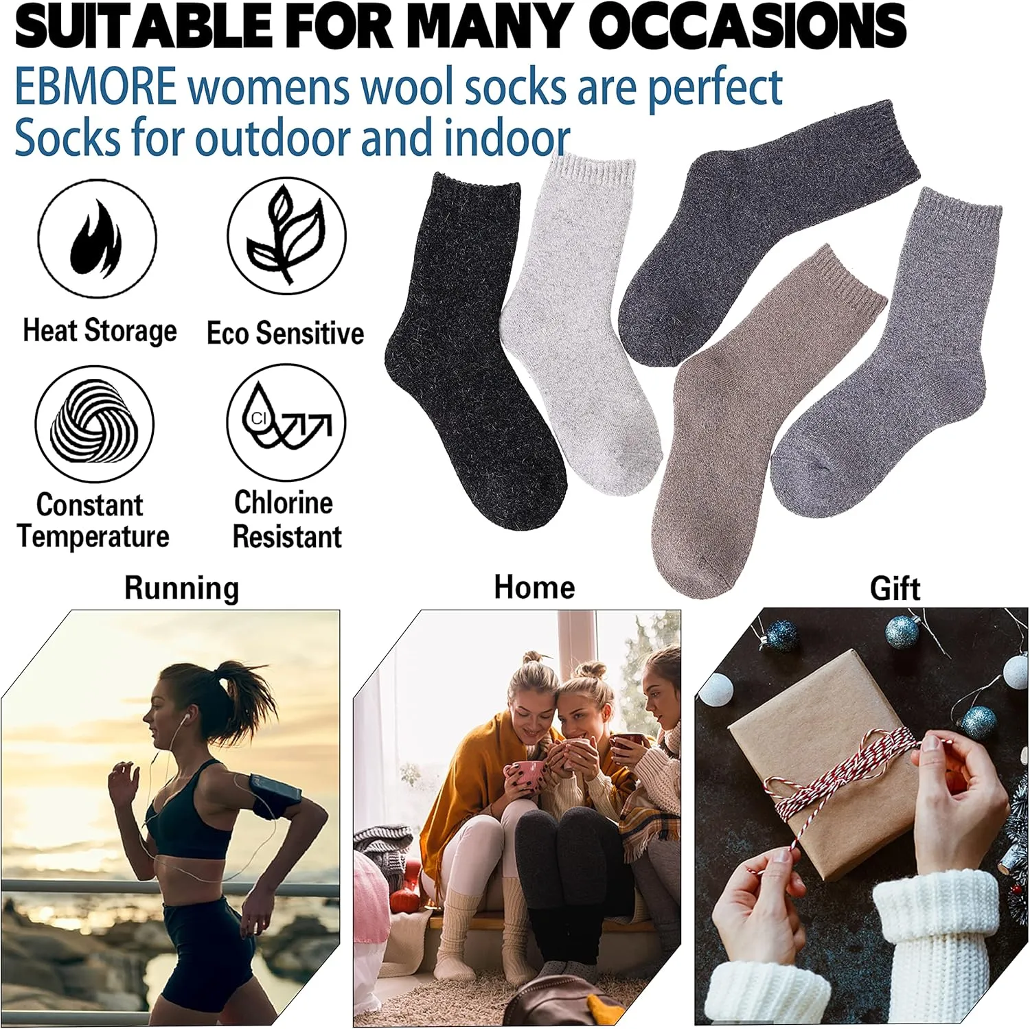 EBMORE 5 Pairs Womens Merino Wool Thermal Socks Winter Thick Warm Hiking Cozy Crew Comfy Boot Socks