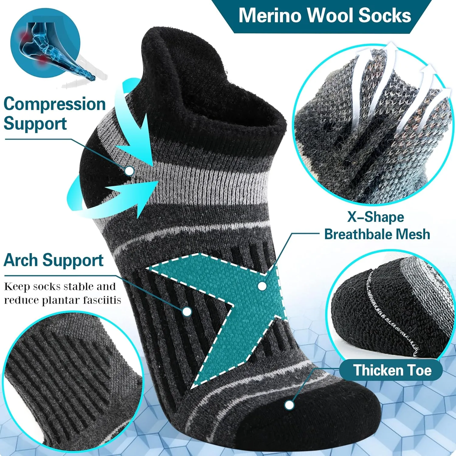 EBMORE 6 Pairs Merino Wool Ankle Hiking Running Socks Compression Support Thick Cushion No Show Socks for Men Women