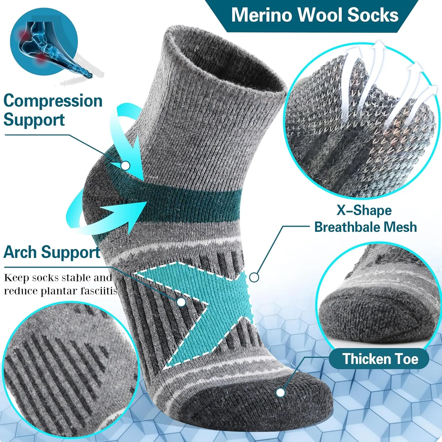 EBMORE 6 Pairs Merino Wool Ankle Hiking Running Socks Compression Support Thick Cushion No Show Socks for Men Women