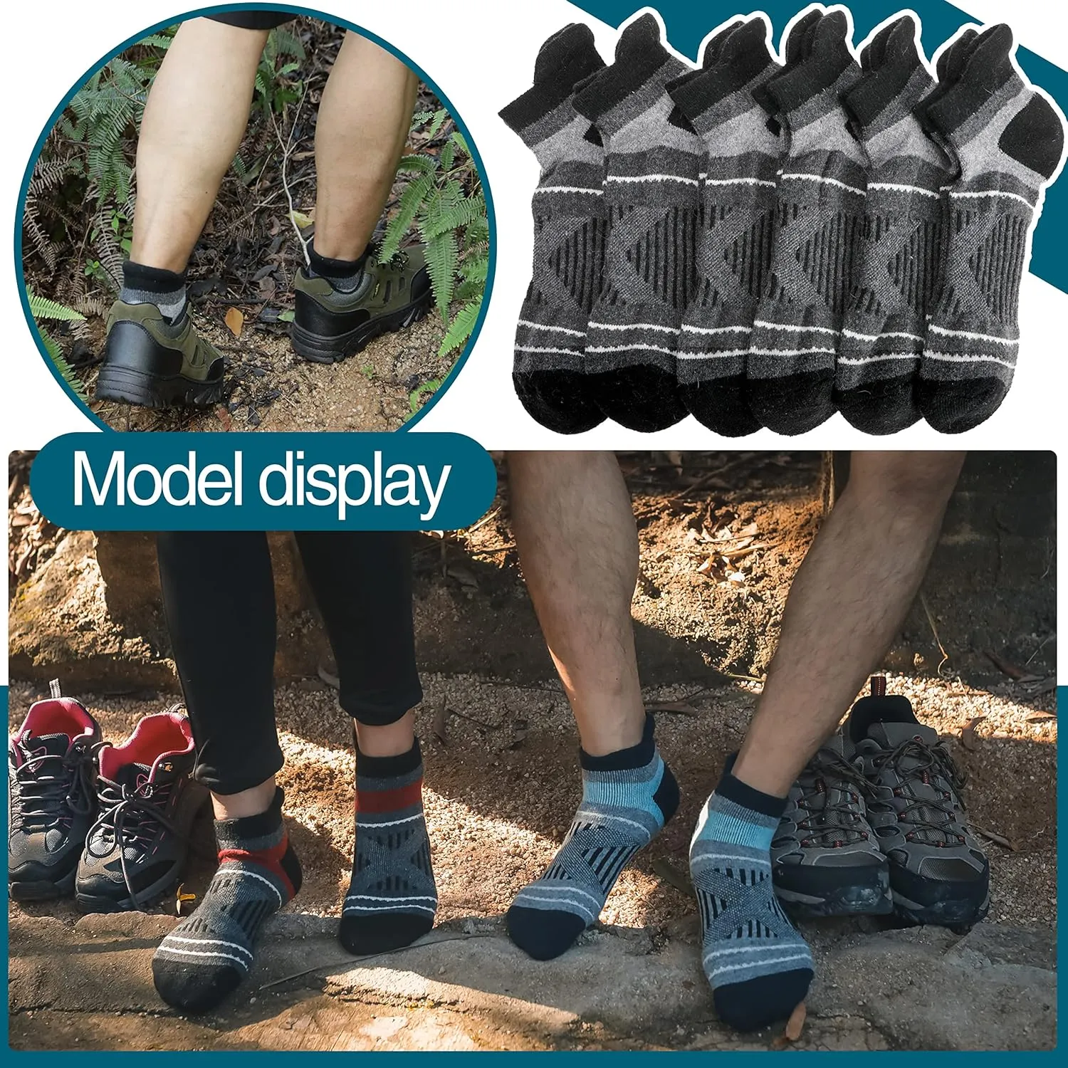 EBMORE 6 Pairs Merino Wool Ankle Hiking Running Socks Compression Support Thick Cushion No Show Socks for Men Women