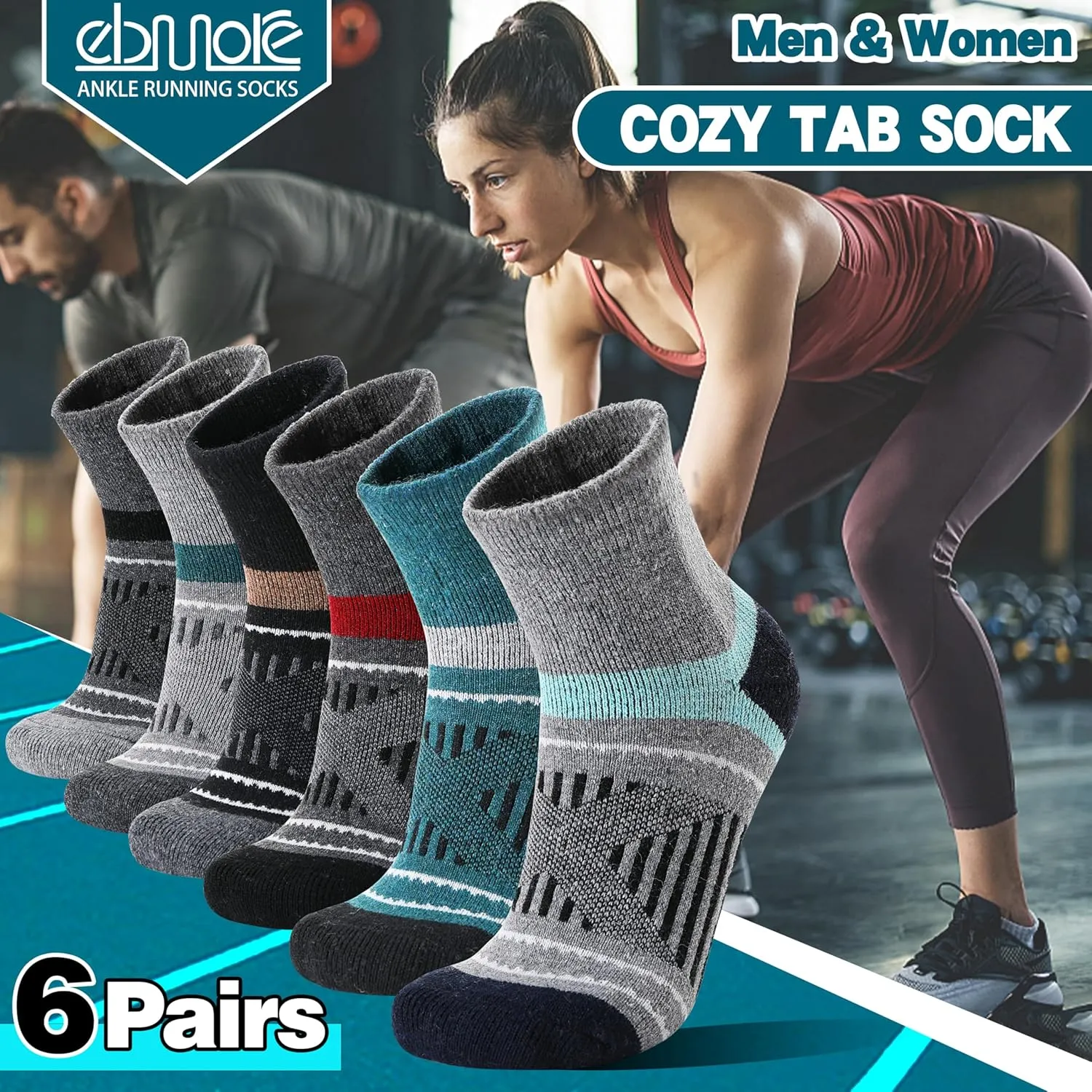 EBMORE 6 Pairs Merino Wool Ankle Hiking Running Socks Compression Support Thick Cushion No Show Socks for Men Women