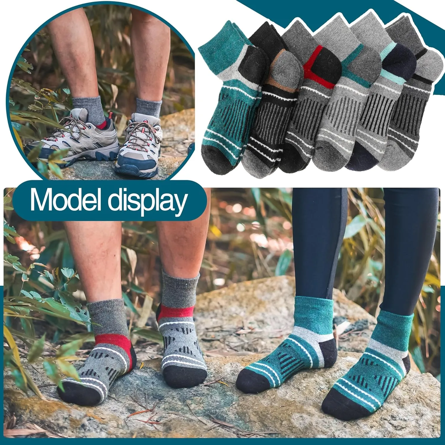 EBMORE 6 Pairs Merino Wool Ankle Hiking Running Socks Compression Support Thick Cushion No Show Socks for Men Women