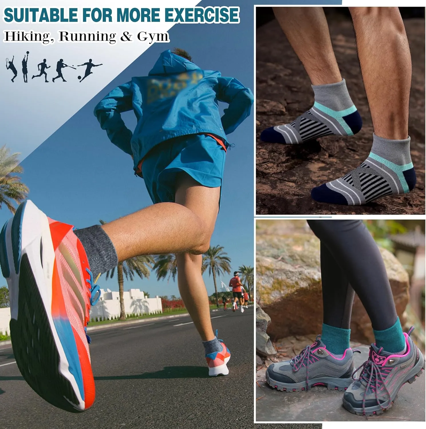 EBMORE 6 Pairs Merino Wool Ankle Hiking Running Socks Compression Support Thick Cushion No Show Socks for Men Women