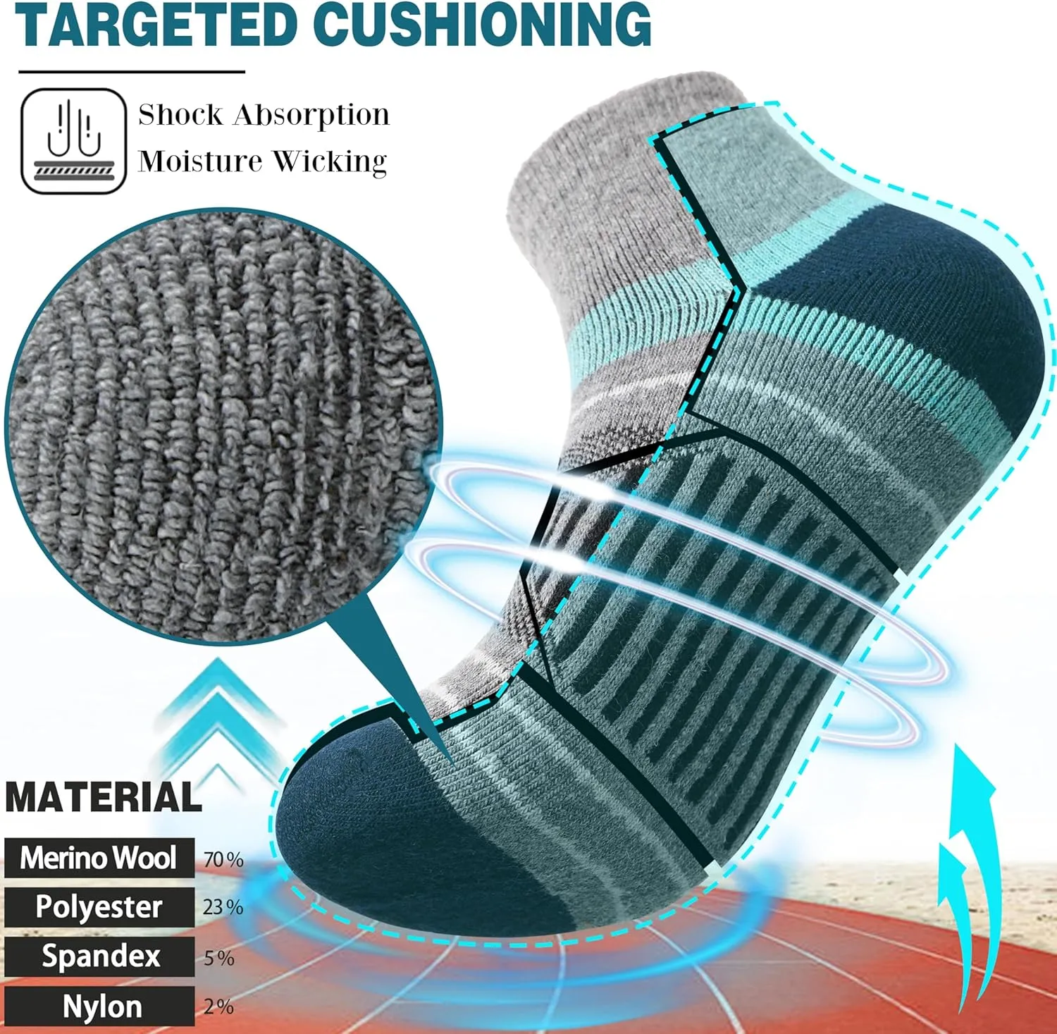 EBMORE 6 Pairs Merino Wool Ankle Hiking Running Socks Compression Support Thick Cushion No Show Socks for Men Women