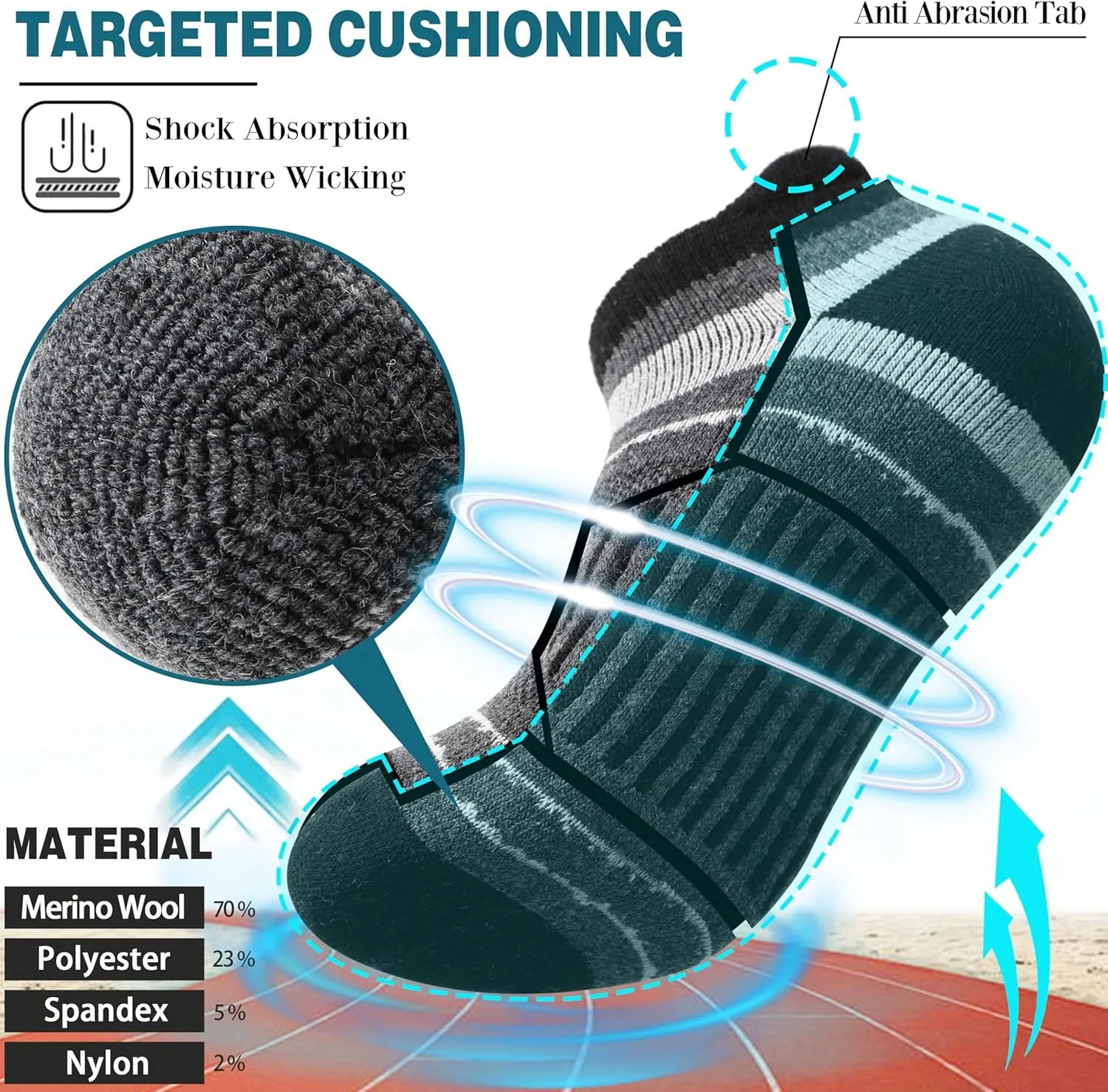 EBMORE 6 Pairs Merino Wool Ankle Hiking Running Socks Compression Support Thick Cushion No Show Socks for Men Women