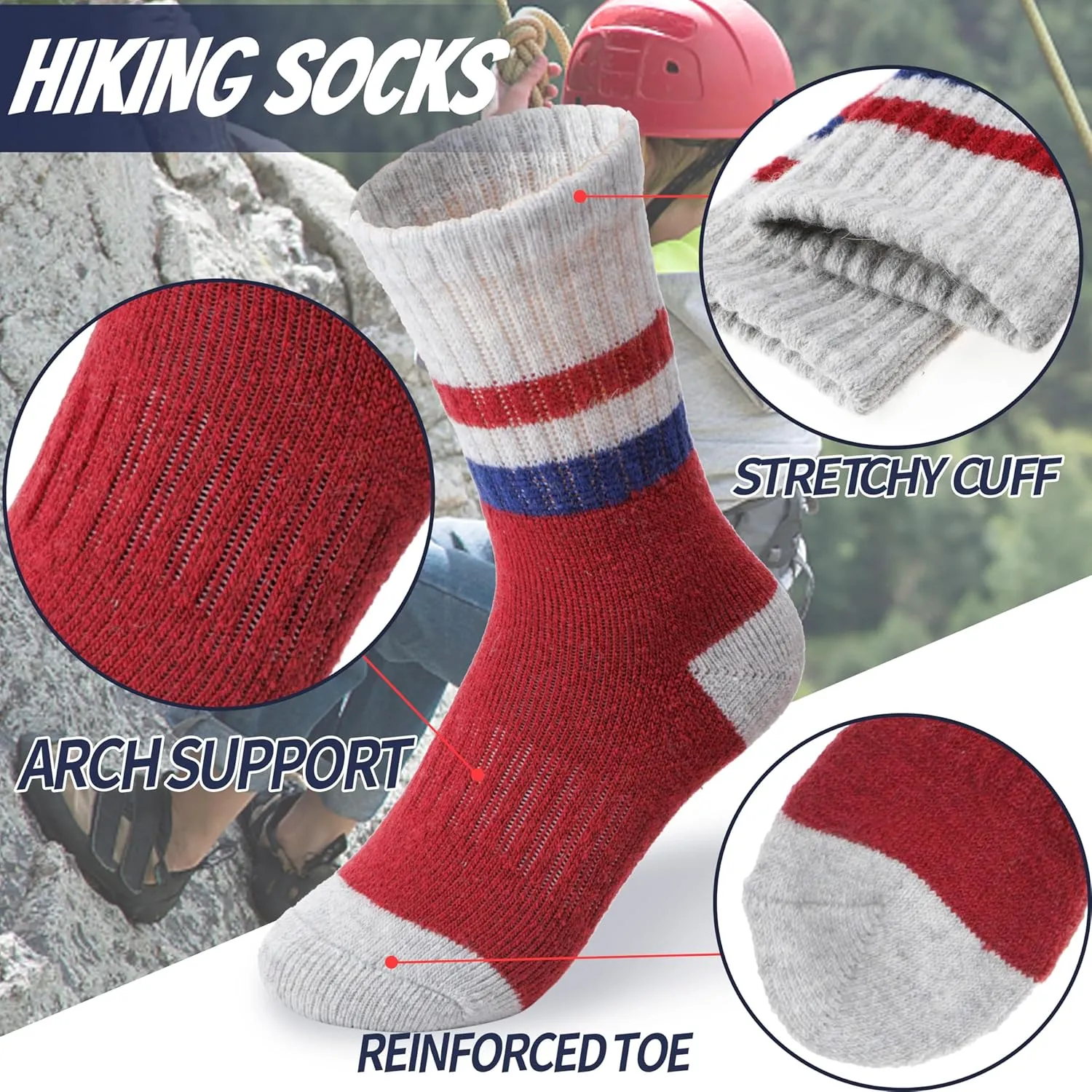 EBMORE Kids Merino Wool Hiking Socks Thermal Winter Warm Thick Boys Toddlers Girls Cushion Crew Socks 6 Pairs
