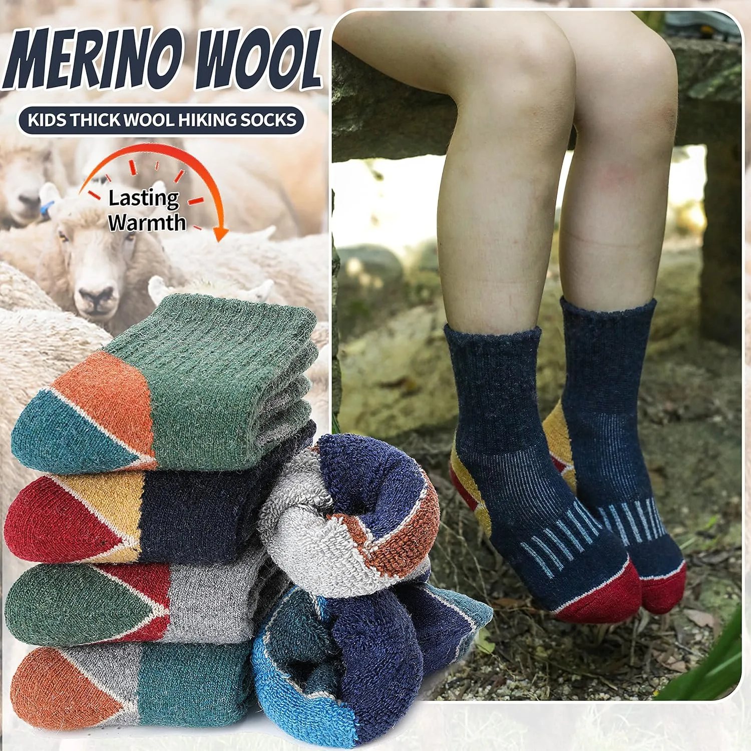 EBMORE Kids Merino Wool Hiking Socks Thermal Winter Warm Thick Boys Toddlers Girls Cushion Crew Socks 6 Pairs