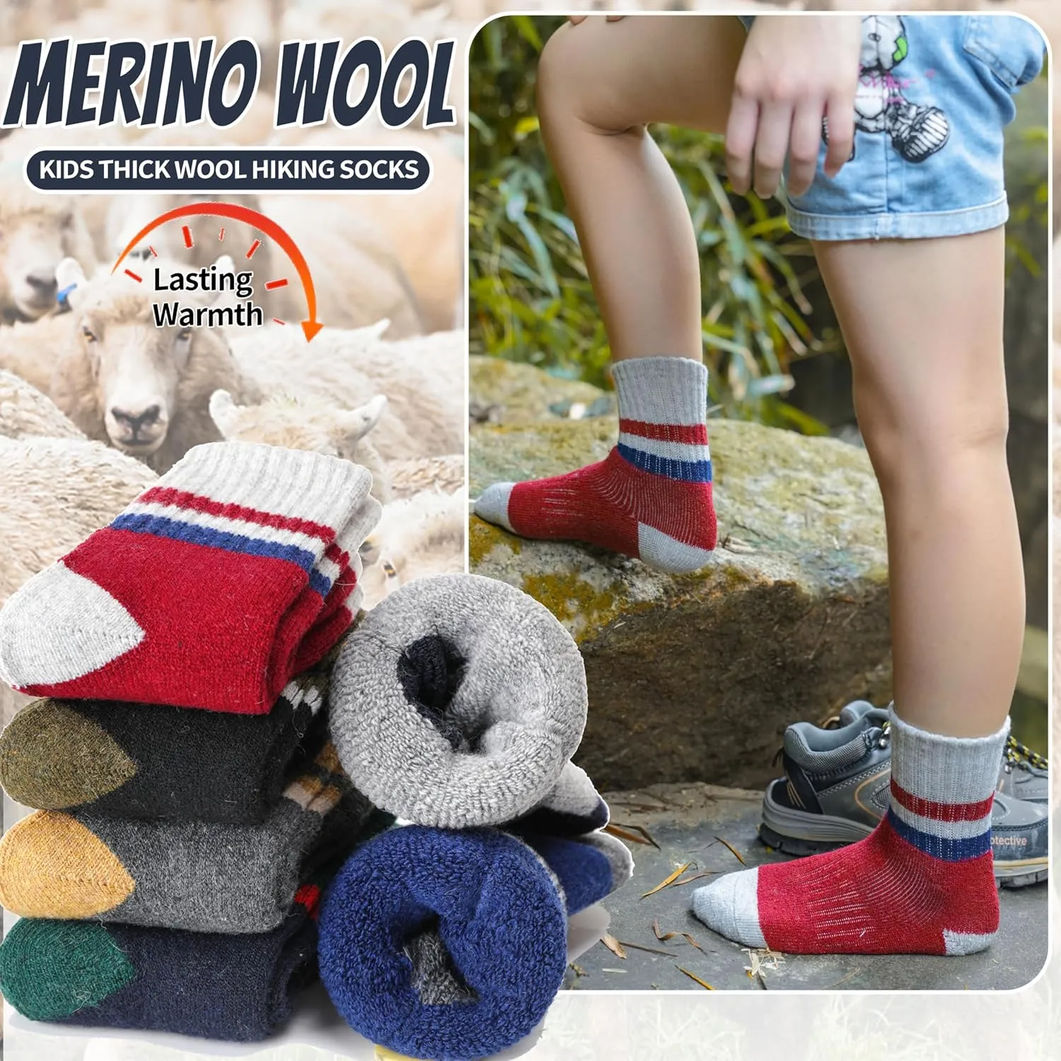 EBMORE Kids Merino Wool Hiking Socks Thermal Winter Warm Thick Boys Toddlers Girls Cushion Crew Socks 6 Pairs