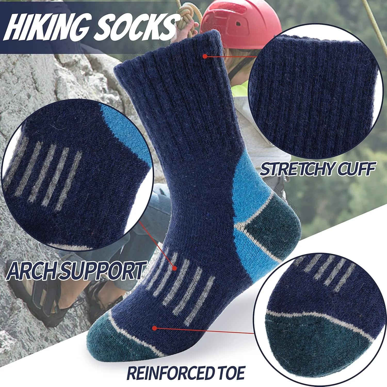 EBMORE Kids Merino Wool Hiking Socks Thermal Winter Warm Thick Boys Toddlers Girls Cushion Crew Socks 6 Pairs
