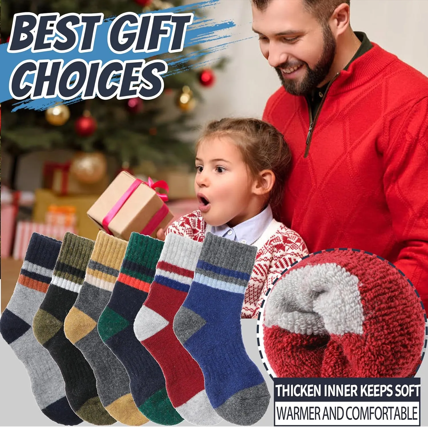 EBMORE Kids Merino Wool Hiking Socks Thermal Winter Warm Thick Boys Toddlers Girls Cushion Crew Socks 6 Pairs