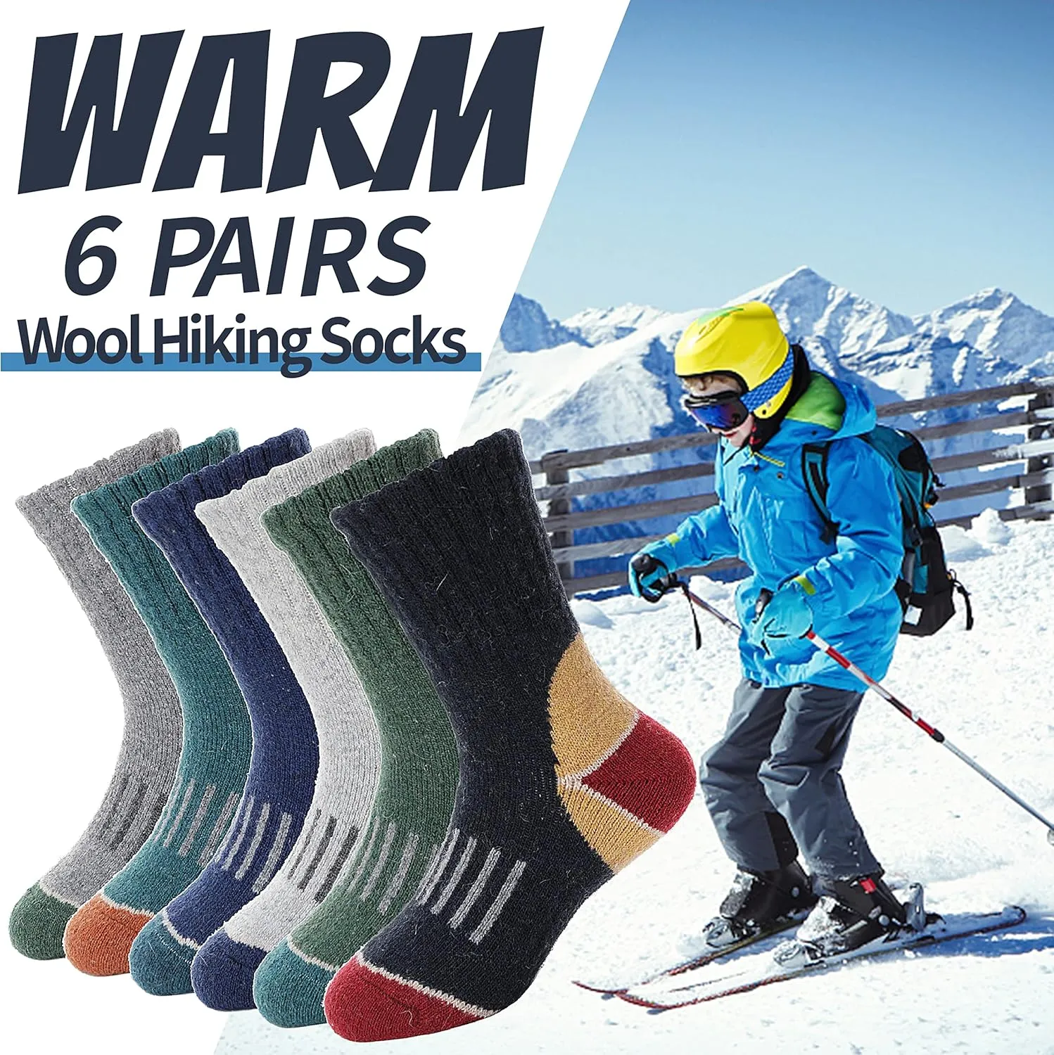 EBMORE Kids Merino Wool Hiking Socks Thermal Winter Warm Thick Boys Toddlers Girls Cushion Crew Socks 6 Pairs