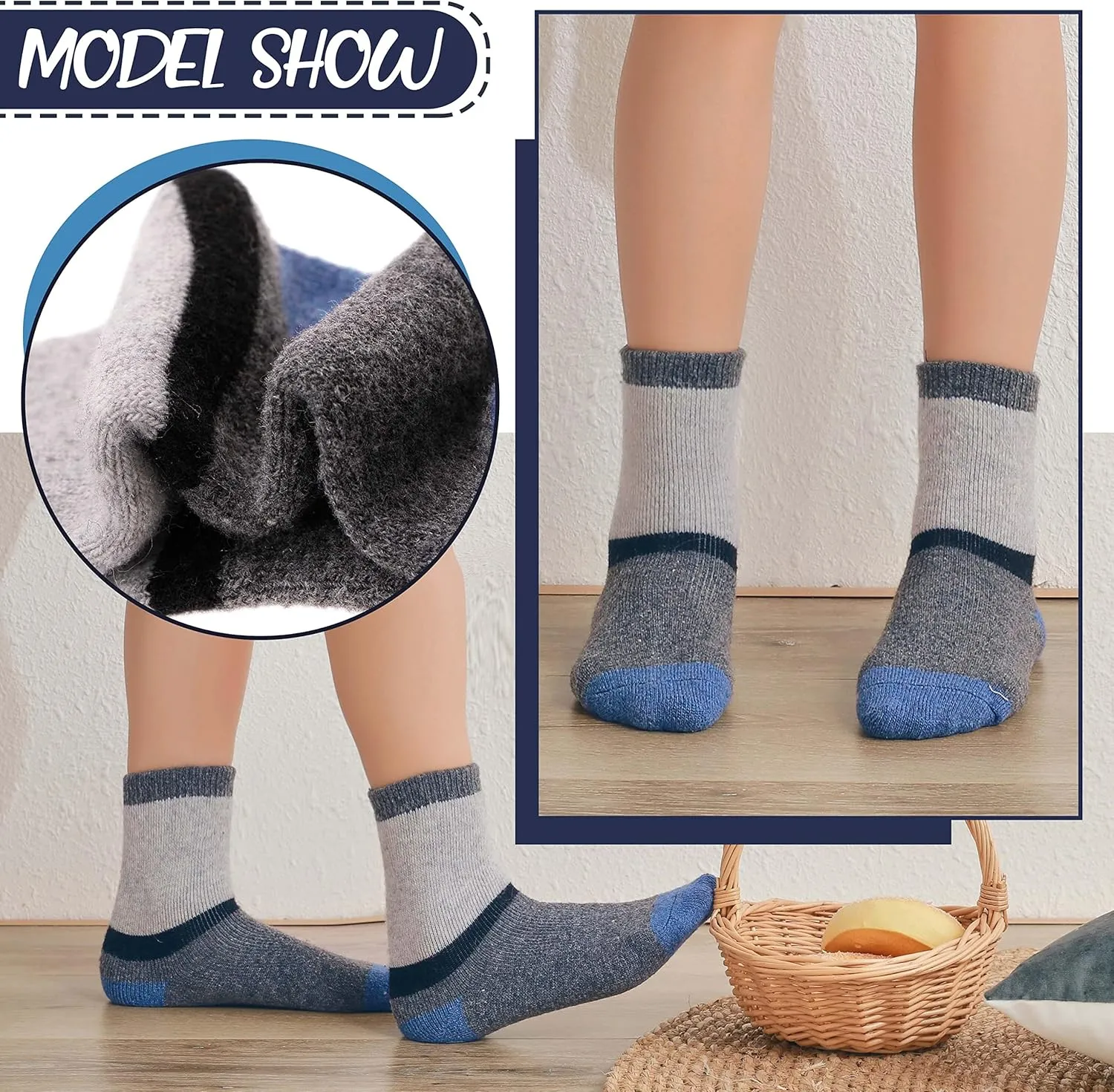 EBMORE Kids Merino Wool Socks for Toddlers Boys Girls Warm Thermal Winter Thick Hiking Heavy Cozy Crew Boot Socks 6 Pairs