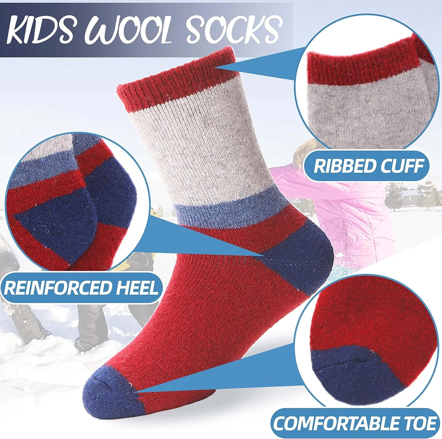 EBMORE Kids Merino Wool Socks for Toddlers Boys Girls Warm Thermal Winter Thick Hiking Heavy Cozy Crew Boot Socks 6 Pairs