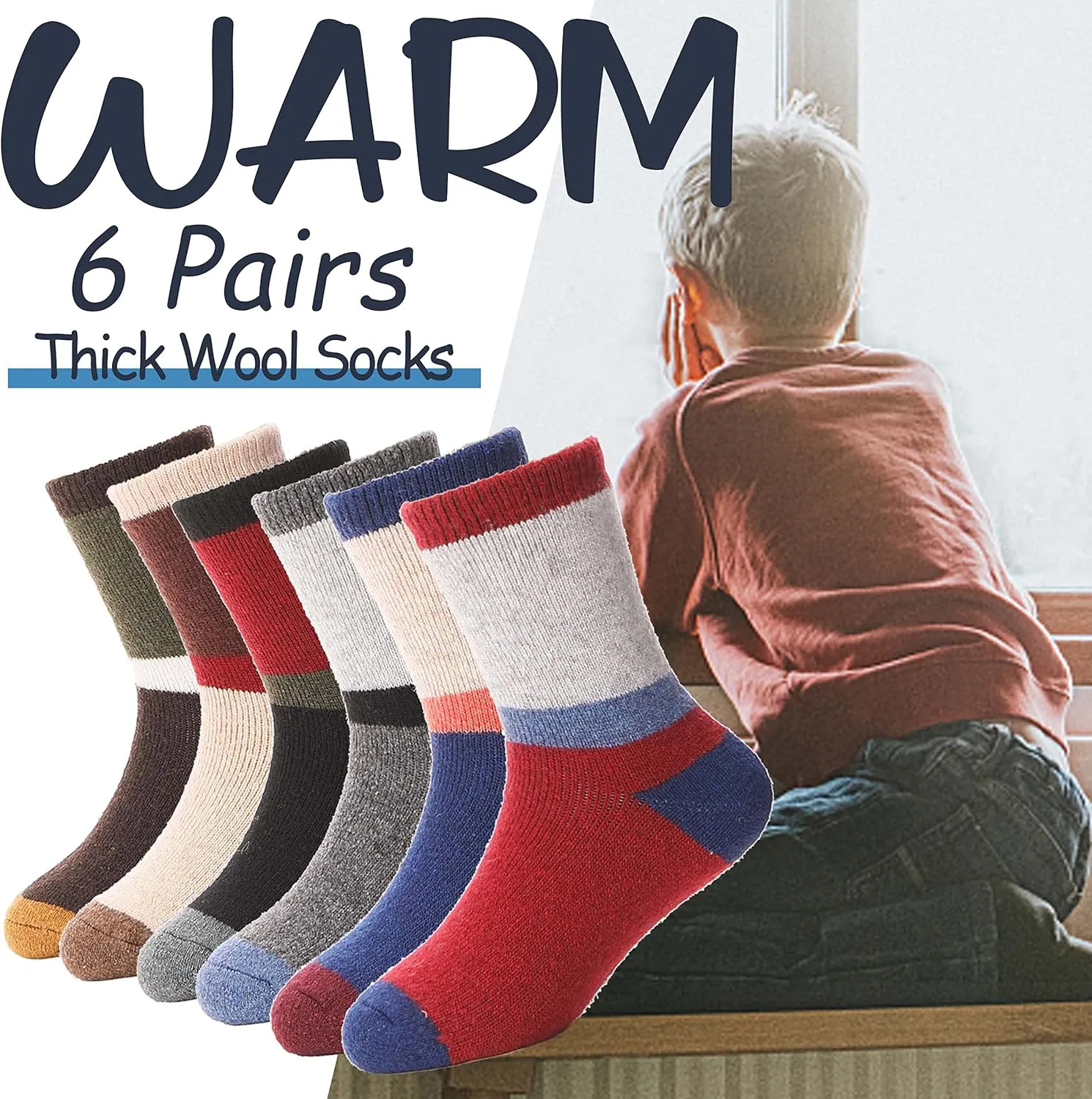 EBMORE Kids Merino Wool Socks for Toddlers Boys Girls Warm Thermal Winter Thick Hiking Heavy Cozy Crew Boot Socks 6 Pairs