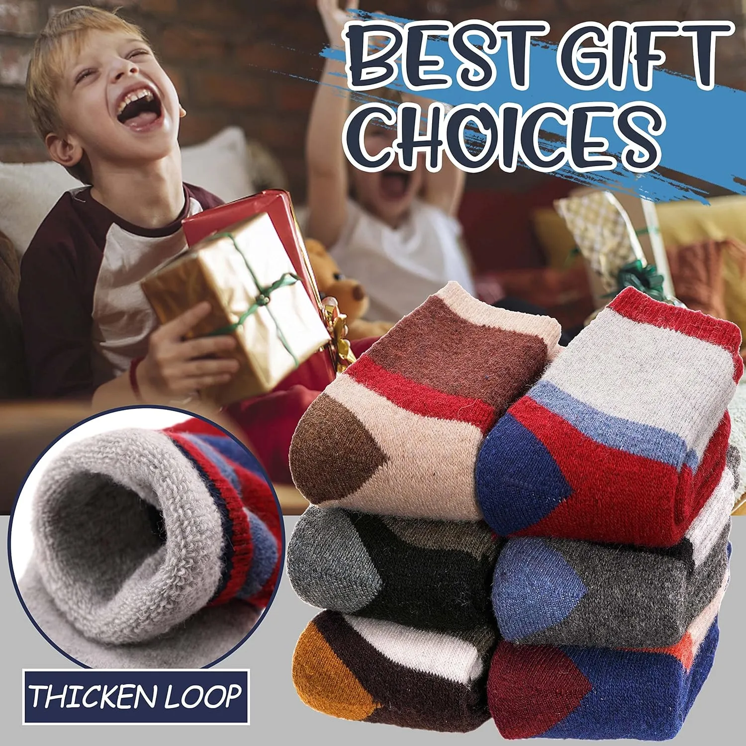 EBMORE Kids Merino Wool Socks for Toddlers Boys Girls Warm Thermal Winter Thick Hiking Heavy Cozy Crew Boot Socks 6 Pairs