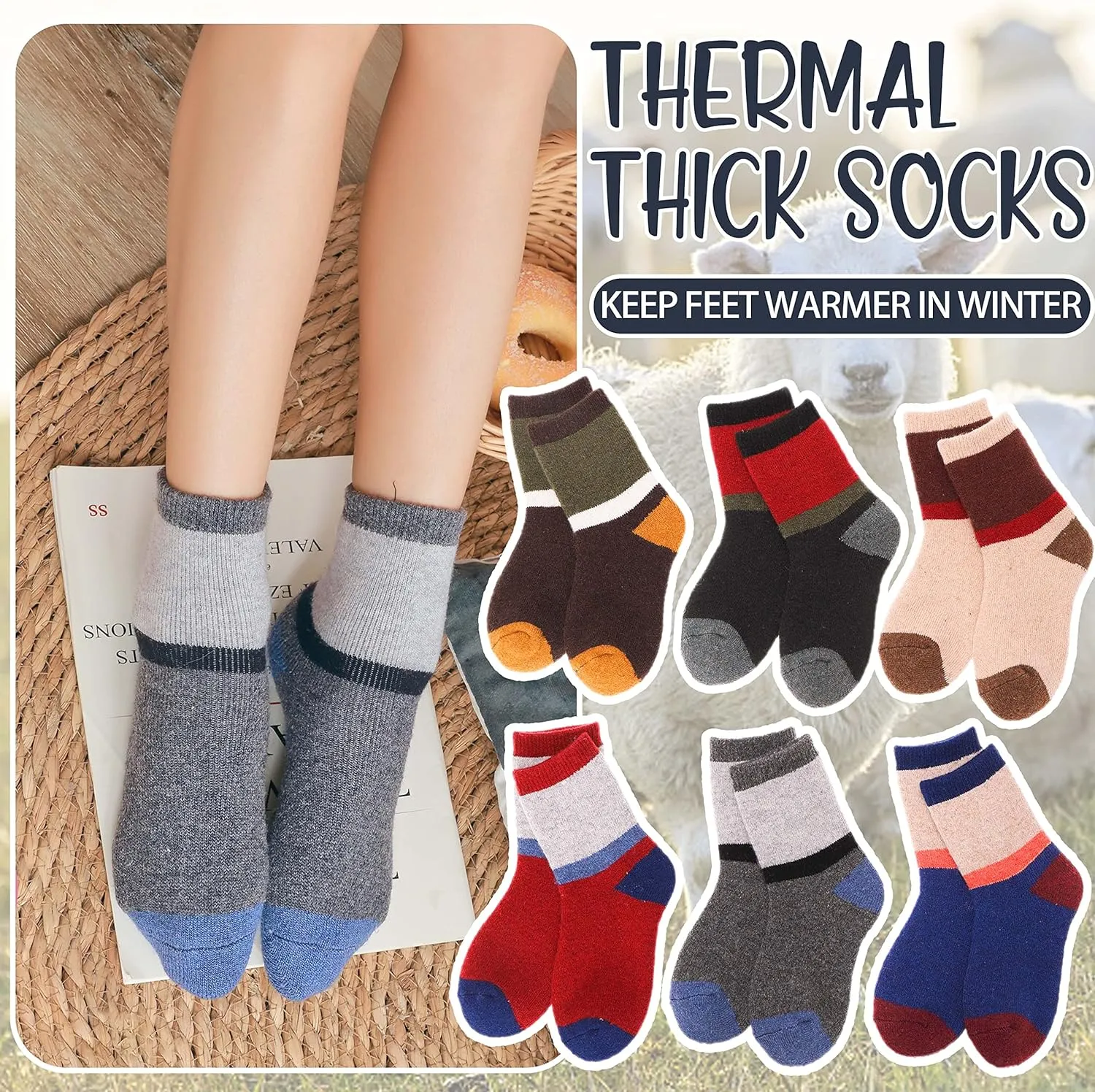 EBMORE Kids Merino Wool Socks for Toddlers Boys Girls Warm Thermal Winter Thick Hiking Heavy Cozy Crew Boot Socks 6 Pairs