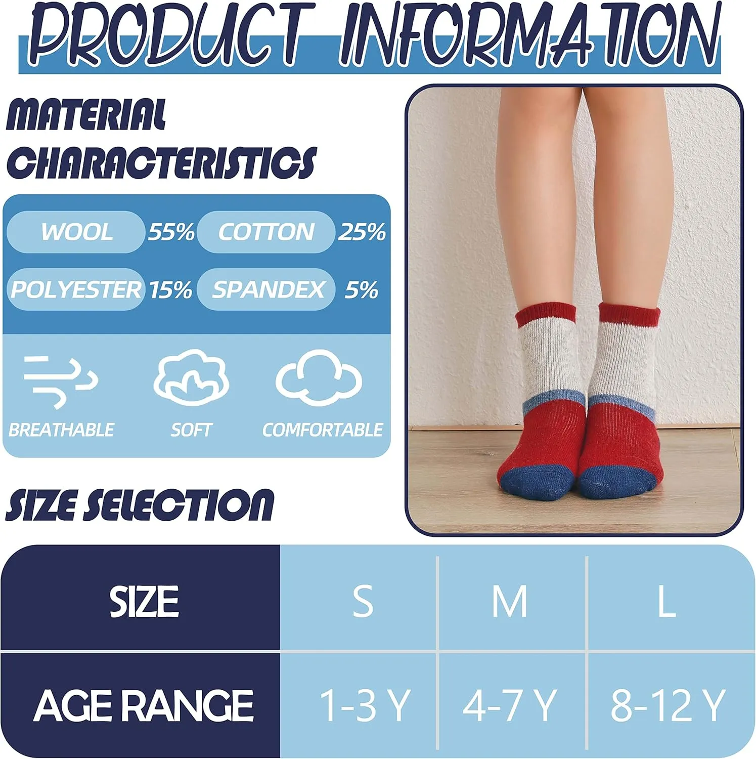 EBMORE Kids Merino Wool Socks for Toddlers Boys Girls Warm Thermal Winter Thick Hiking Heavy Cozy Crew Boot Socks 6 Pairs