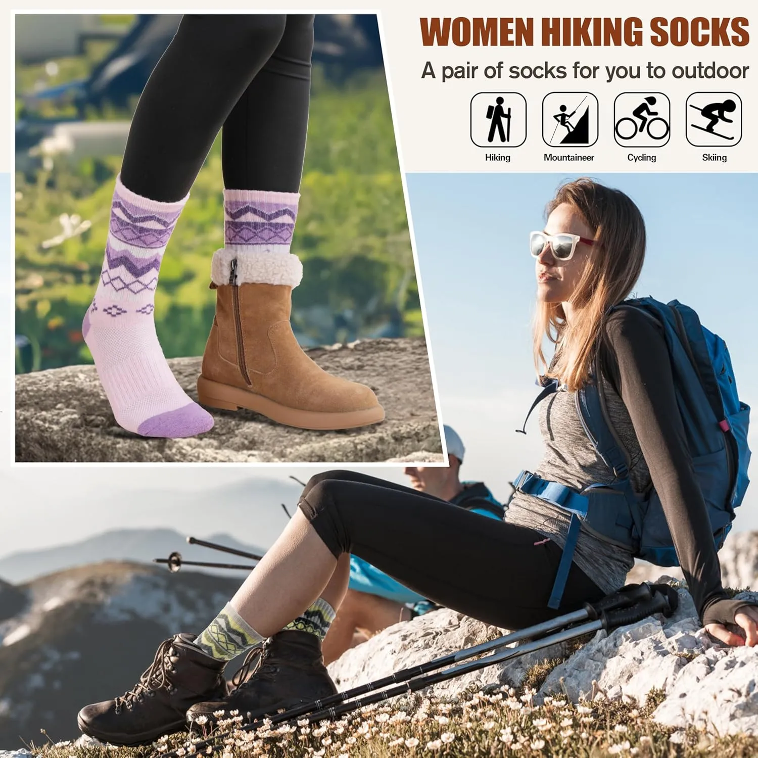 EBMORE Womens Merino Wool Hiking Socks Thermal Warm Winter Crew Cushion Work Boot Outdoor Socks 5 Pairs