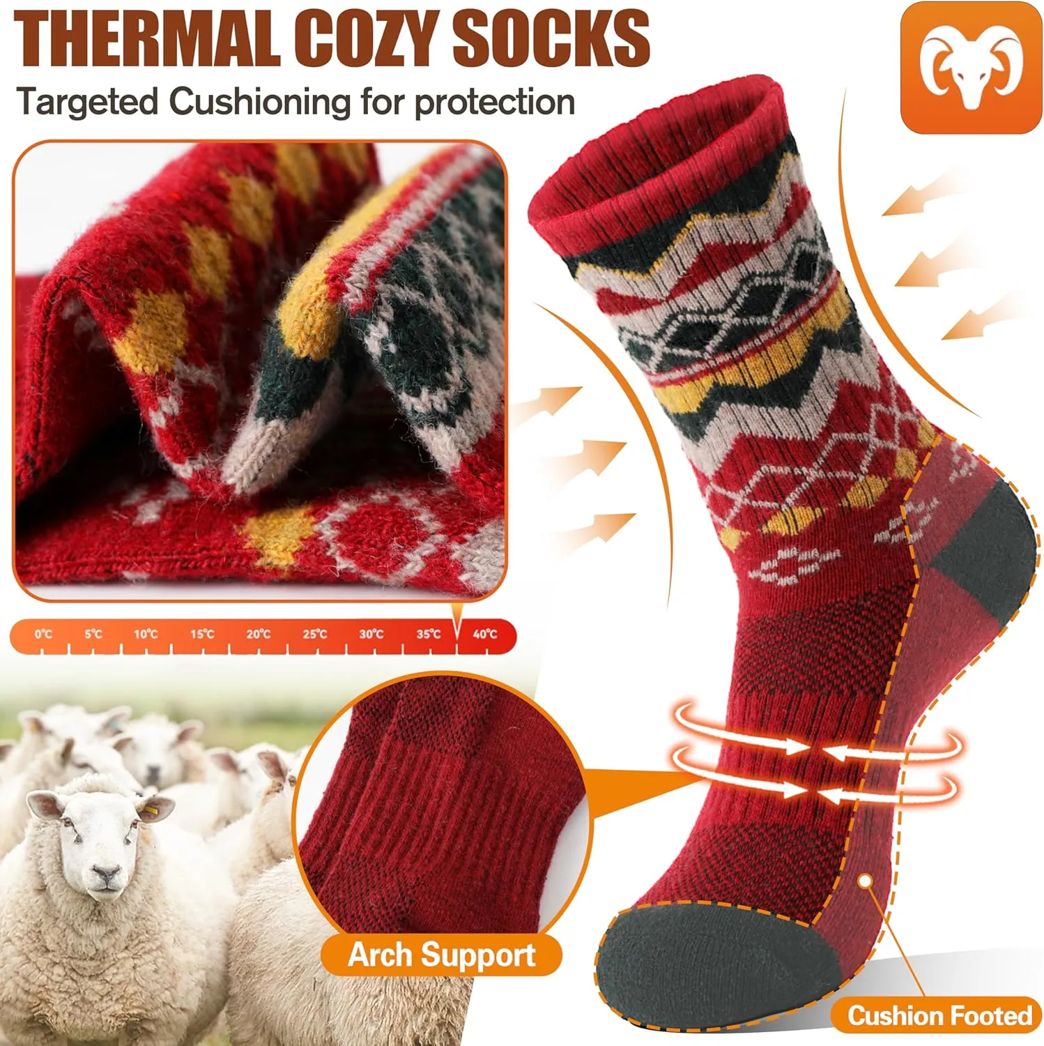 EBMORE Womens Merino Wool Hiking Socks Thermal Warm Winter Crew Cushion Work Boot Outdoor Socks 5 Pairs