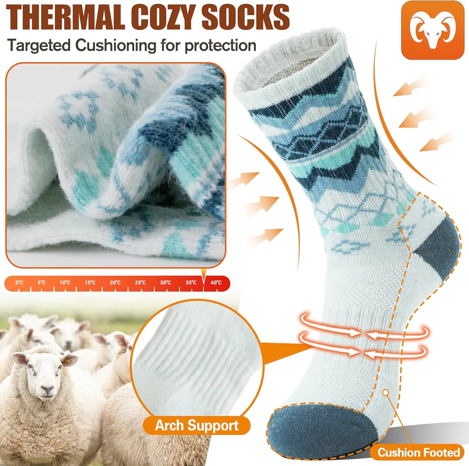 EBMORE Womens Merino Wool Hiking Socks Thermal Warm Winter Crew Cushion Work Boot Outdoor Socks 5 Pairs
