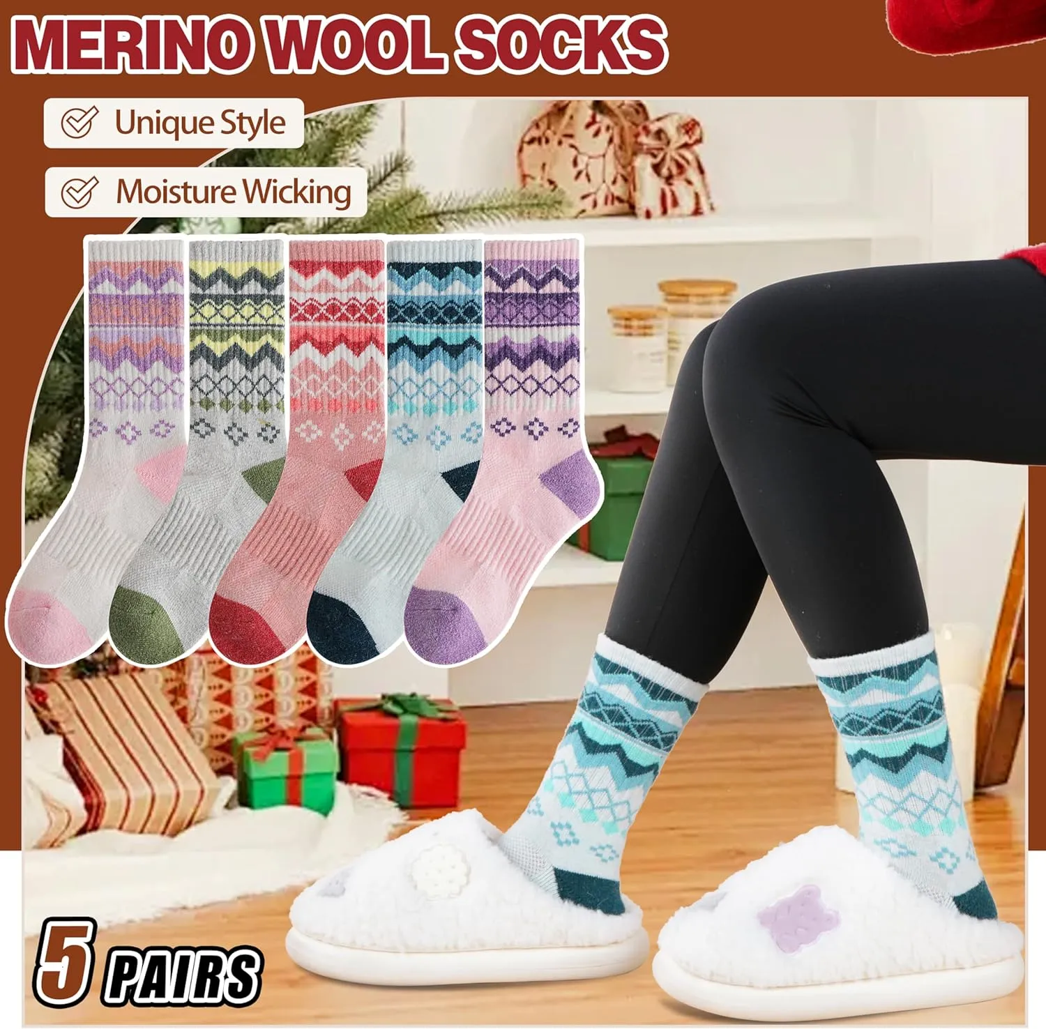 EBMORE Womens Merino Wool Hiking Socks Thermal Warm Winter Crew Cushion Work Boot Outdoor Socks 5 Pairs